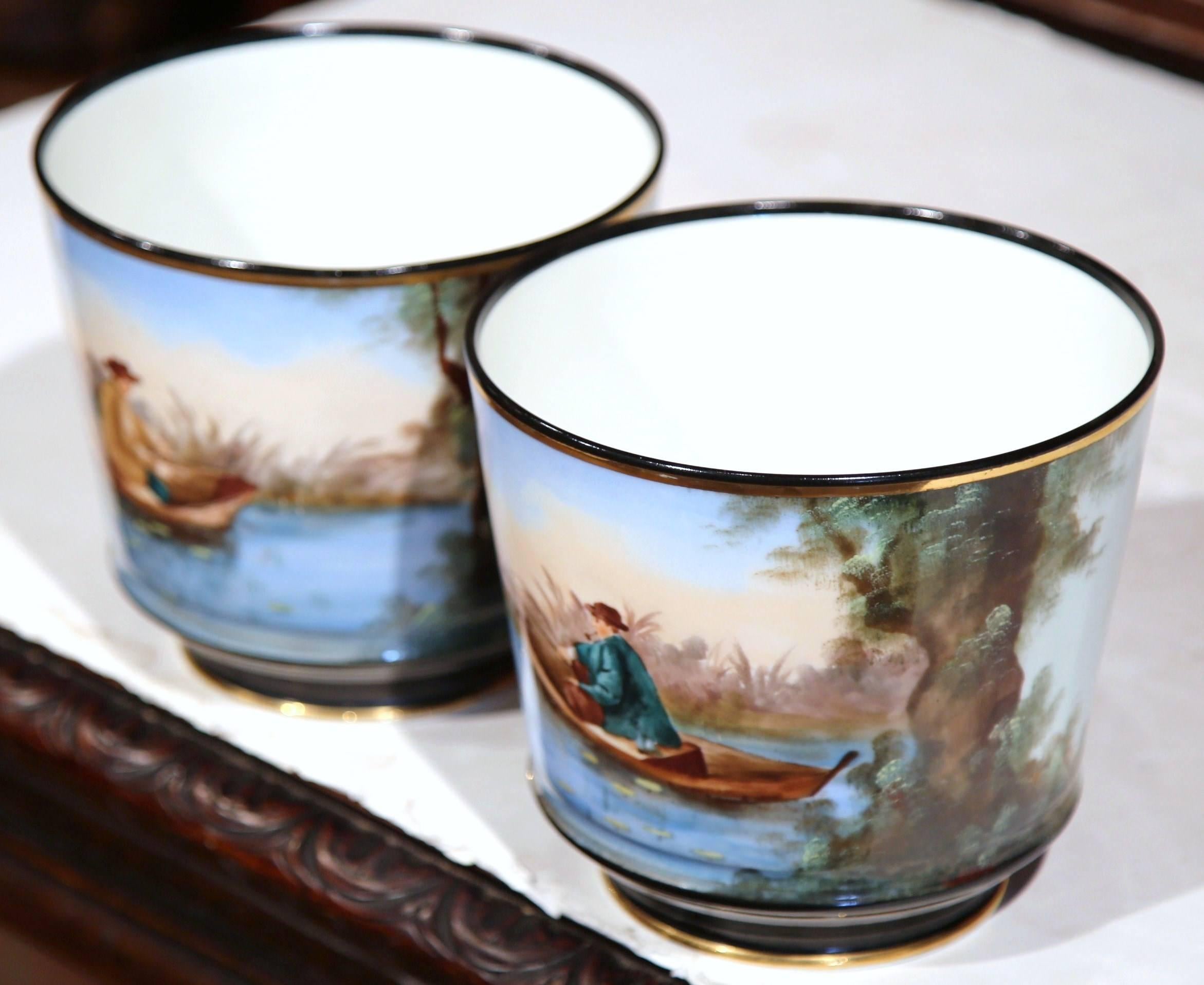 Gilt Pair of 19th Century French Hand-Painted Porcelain Cache-Pots with Fishermen