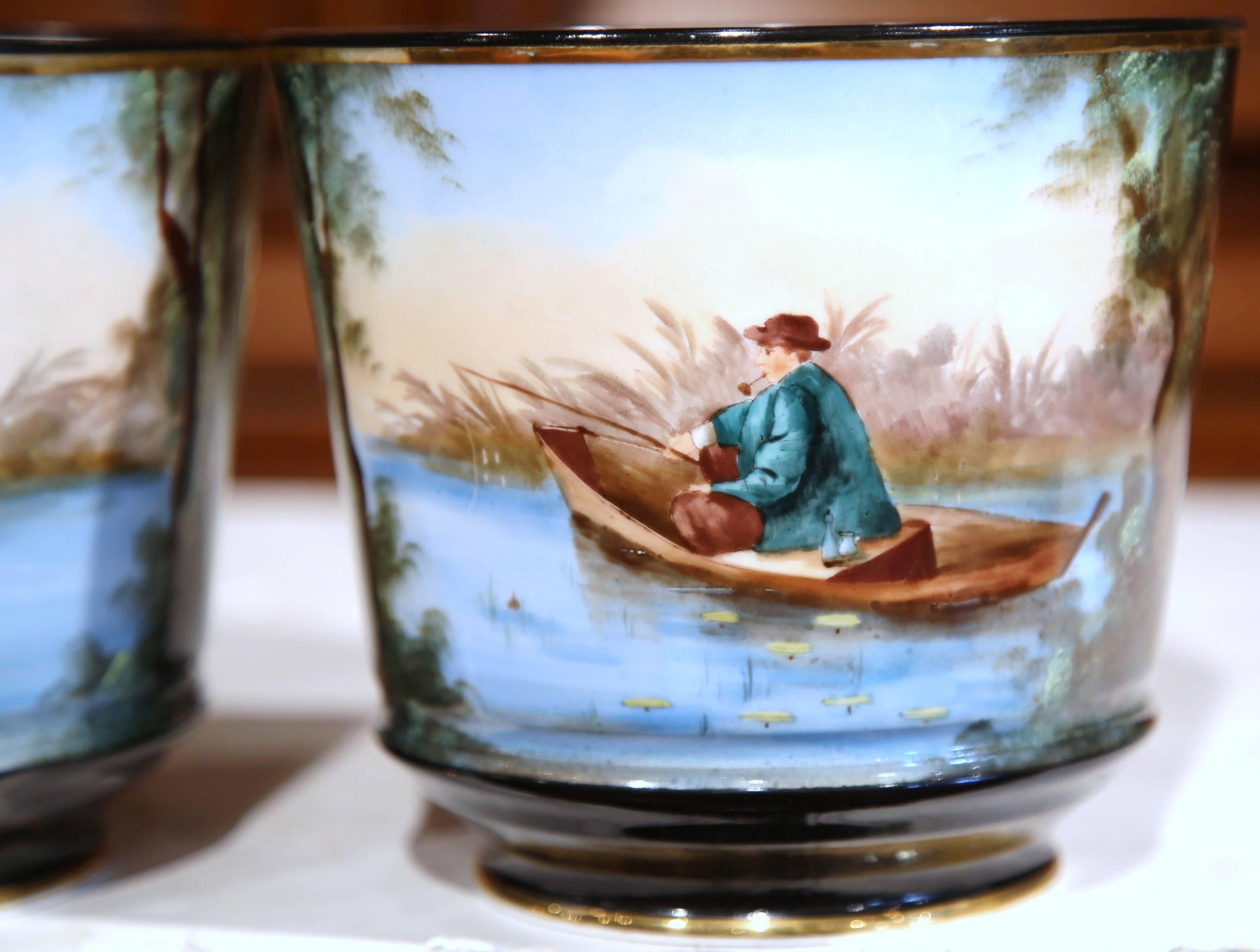 Pair of 19th Century French Hand-Painted Porcelain Cache-Pots with Fishermen 1