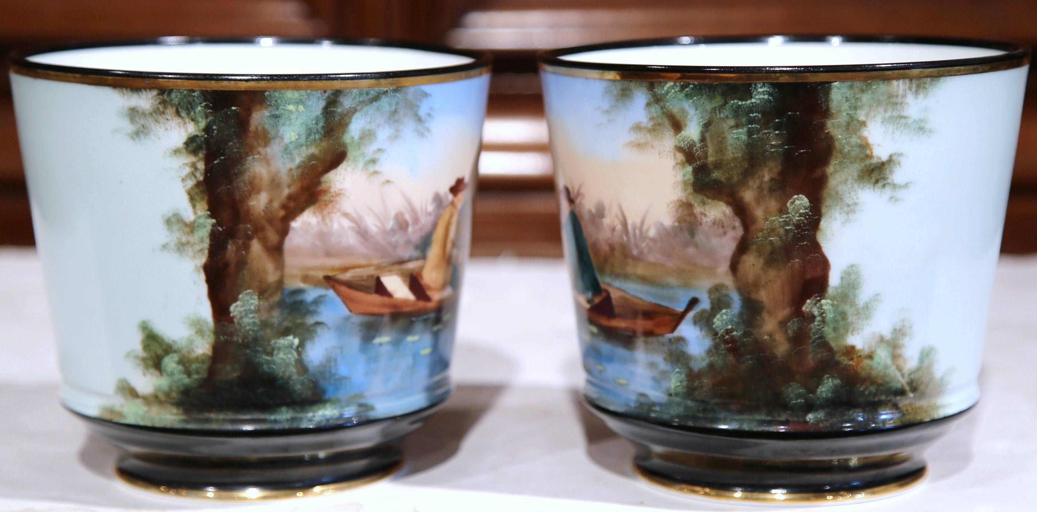 Pair of 19th Century French Hand-Painted Porcelain Cache-Pots with Fishermen 3