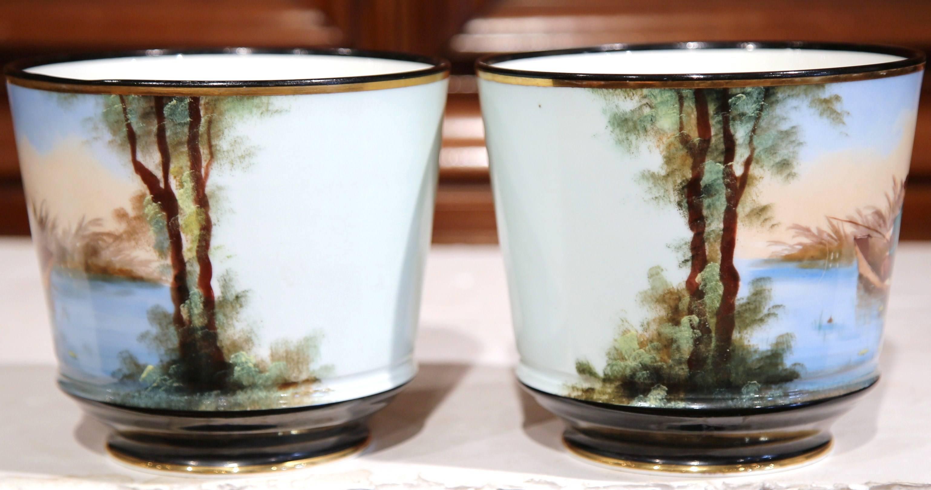 Pair of 19th Century French Hand-Painted Porcelain Cache-Pots with Fishermen 4