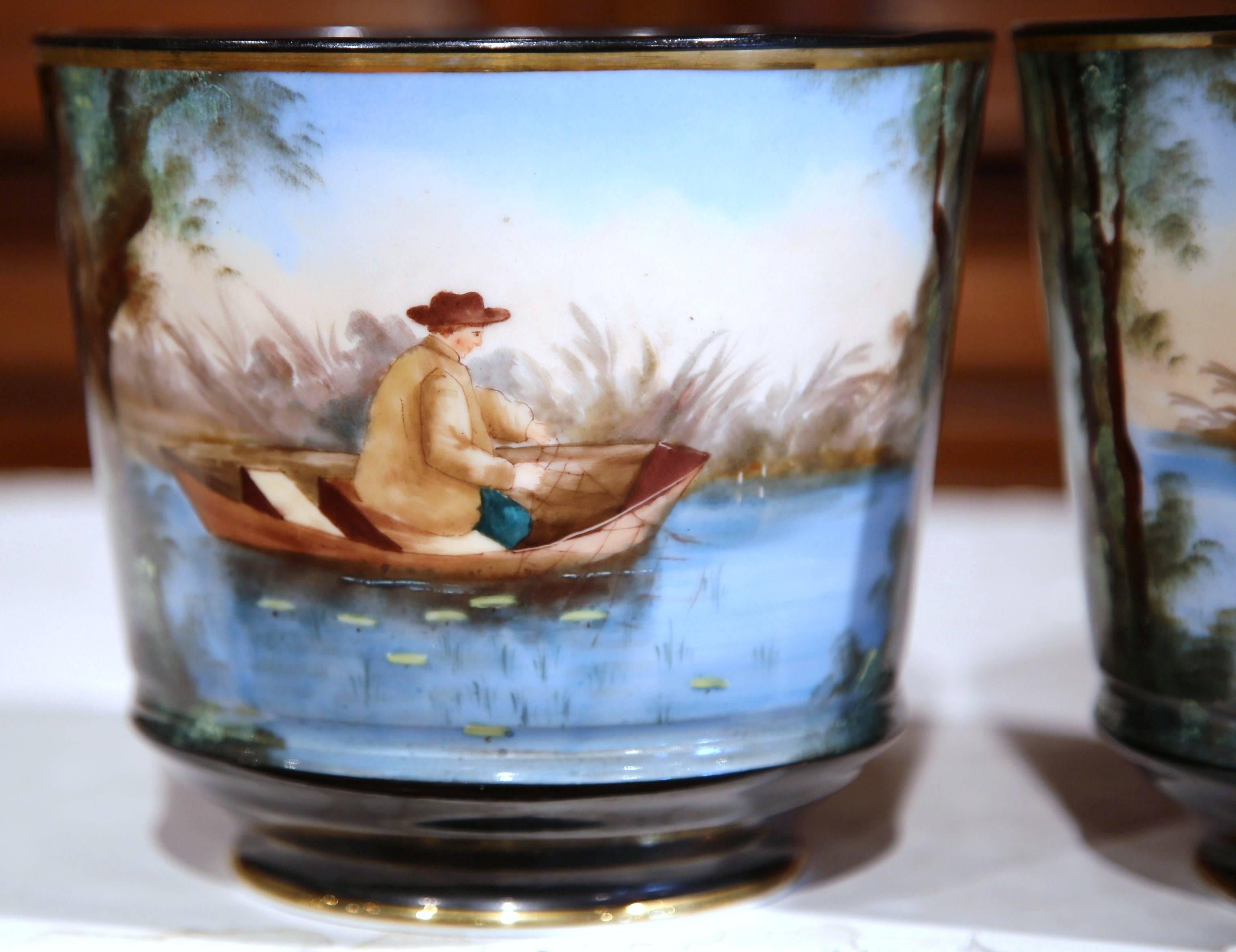 Pair of 19th Century French Hand-Painted Porcelain Cache-Pots with Fishermen In Excellent Condition In Dallas, TX