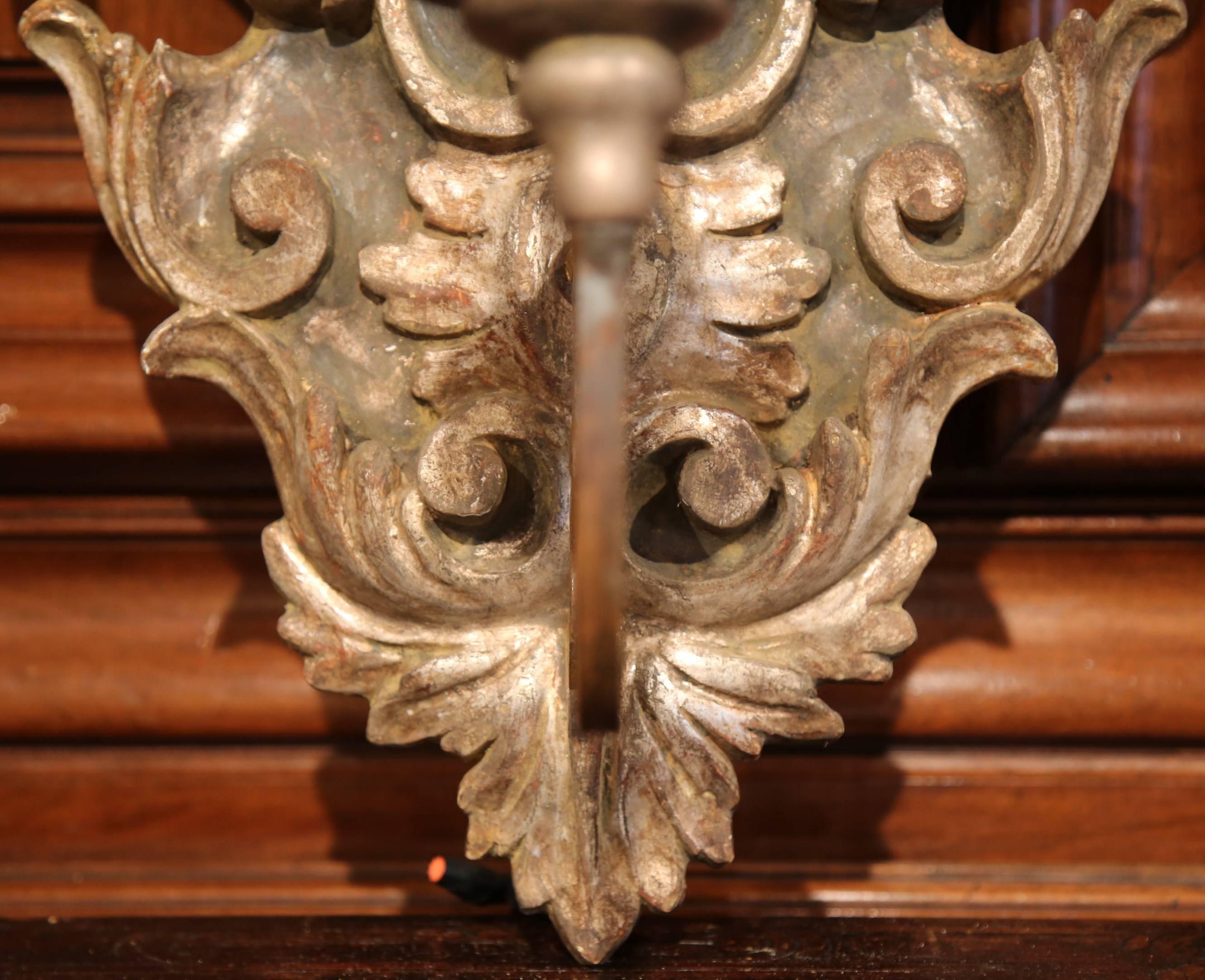 Large Pair of Italian Carved and Iron Wall Sconces with Silver Leaf Finish In Excellent Condition In Dallas, TX
