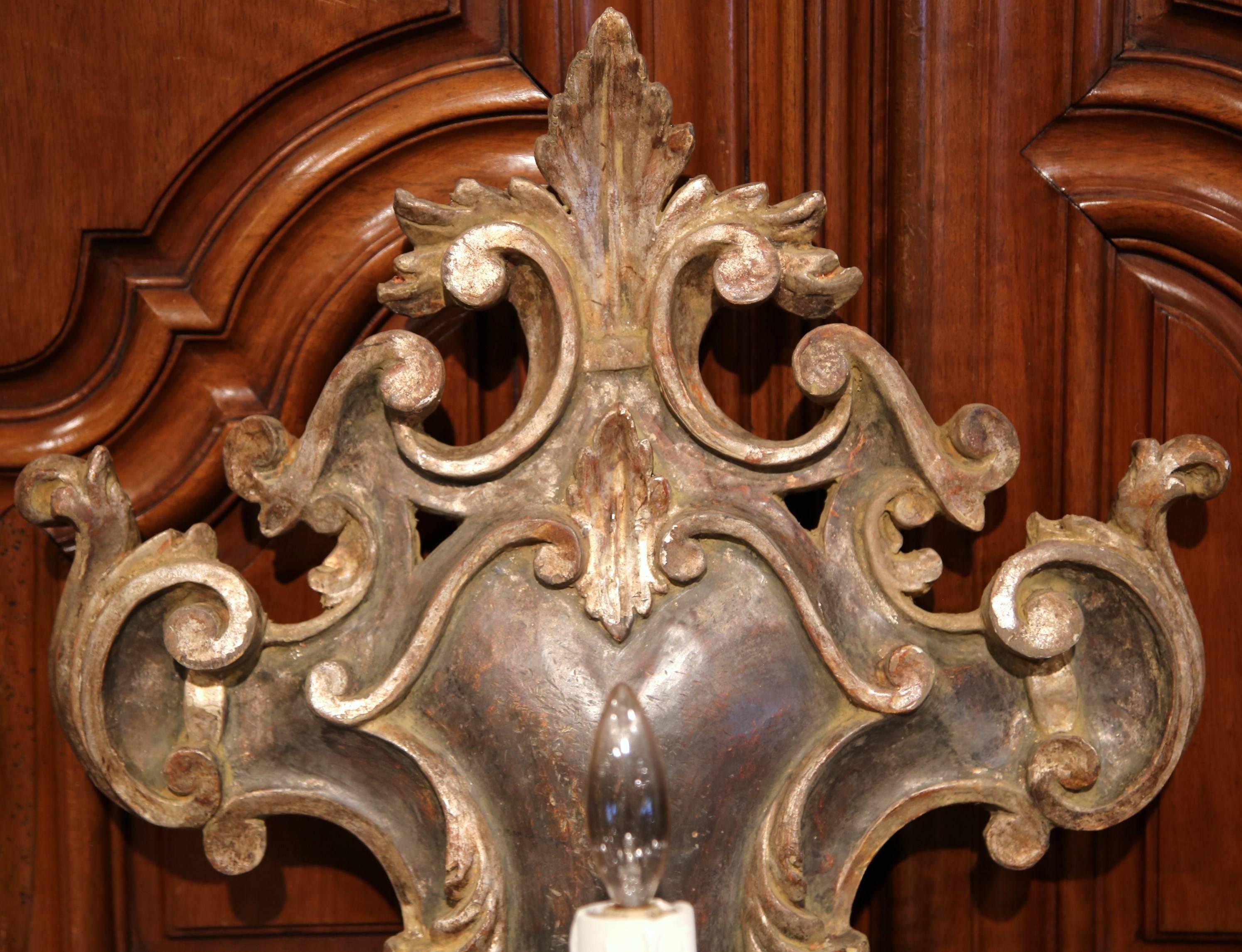 Hand-Carved Large Pair of Italian Carved and Iron Wall Sconces with Silver Leaf Finish