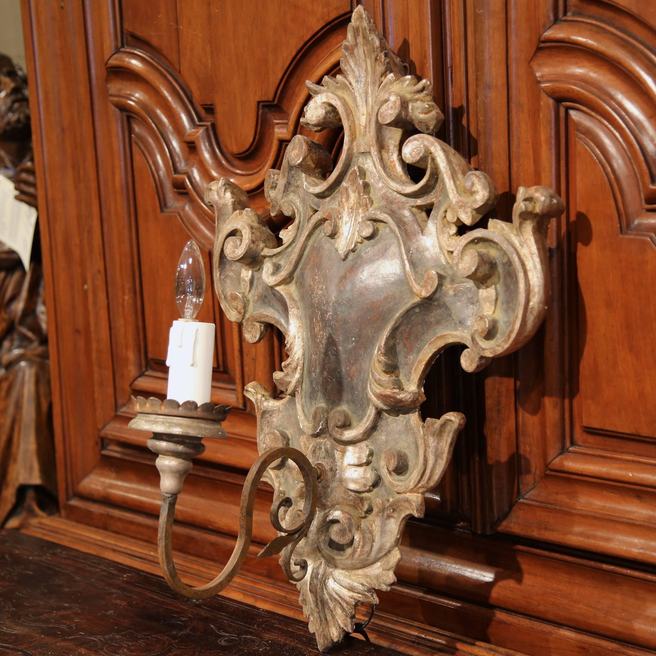 Contemporary Large Pair of Italian Carved and Iron Wall Sconces with Silver Leaf Finish