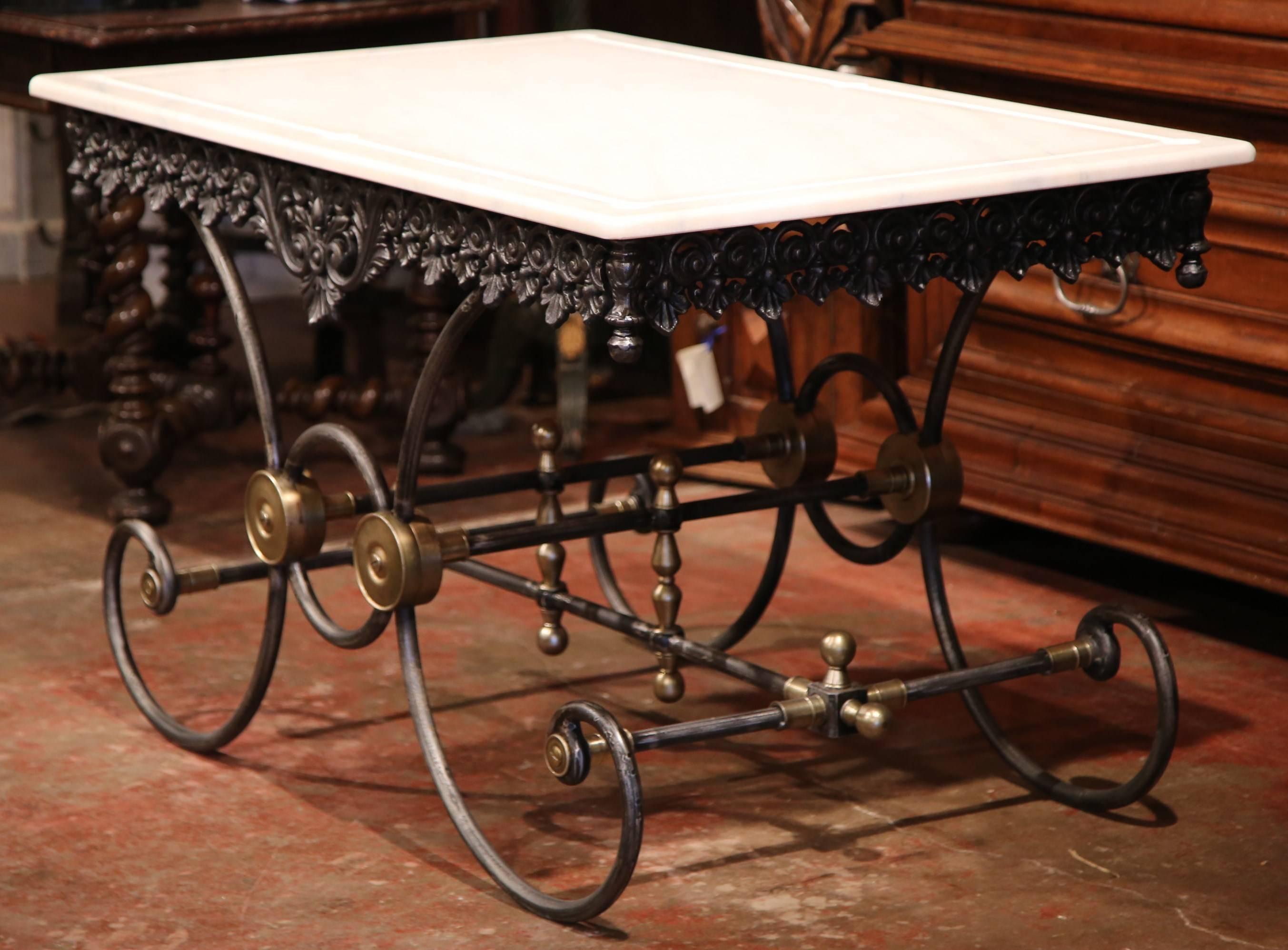 Polished Iron Butcher Pastry Table with Marble Top and Brass Mounts from France 1
