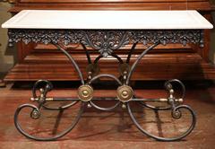 Polished Iron Butcher Pastry Table with Marble Top and Brass Mounts from France