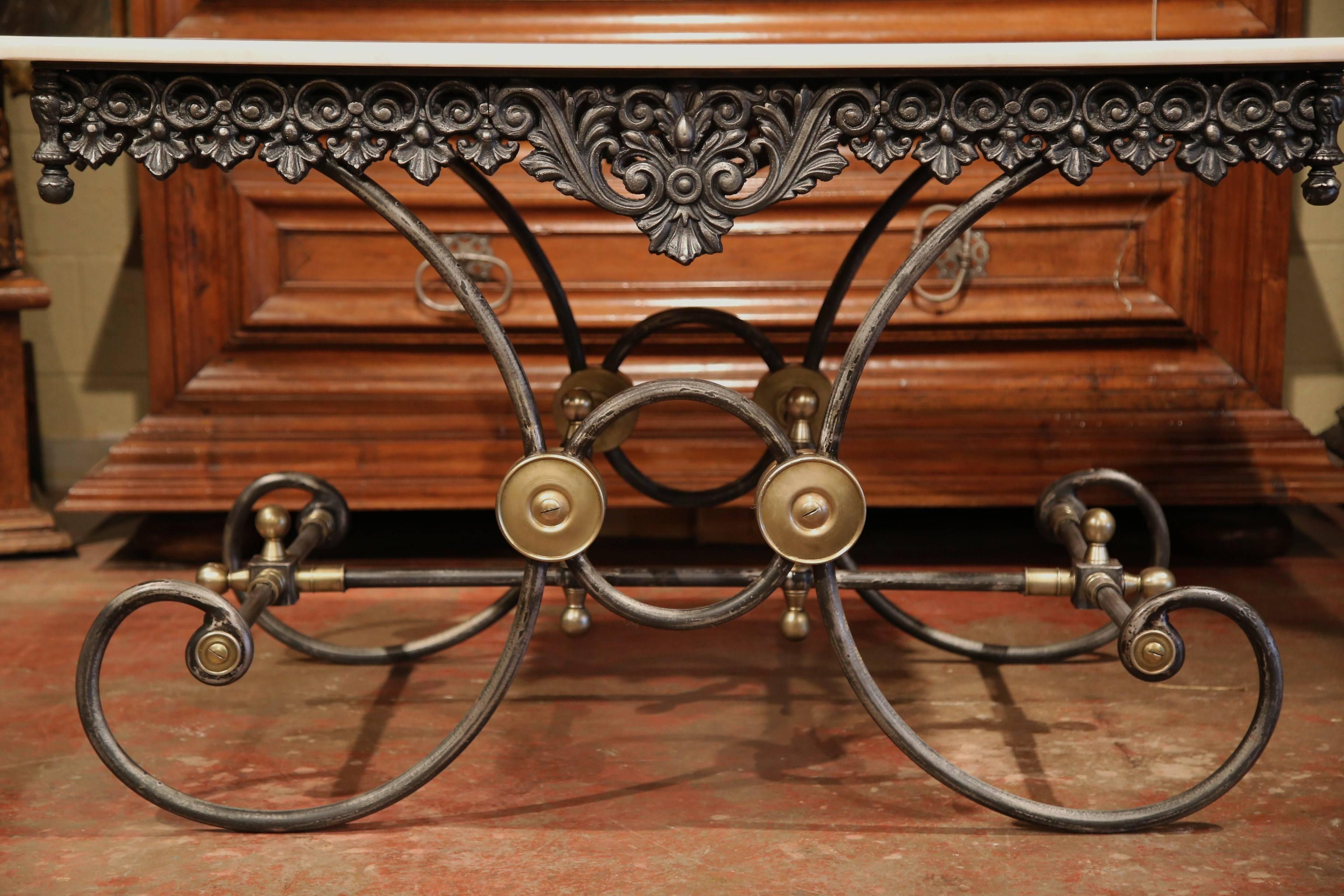 Polished Iron Butcher Pastry Table with Marble Top and Brass Mounts from France In Excellent Condition In Dallas, TX