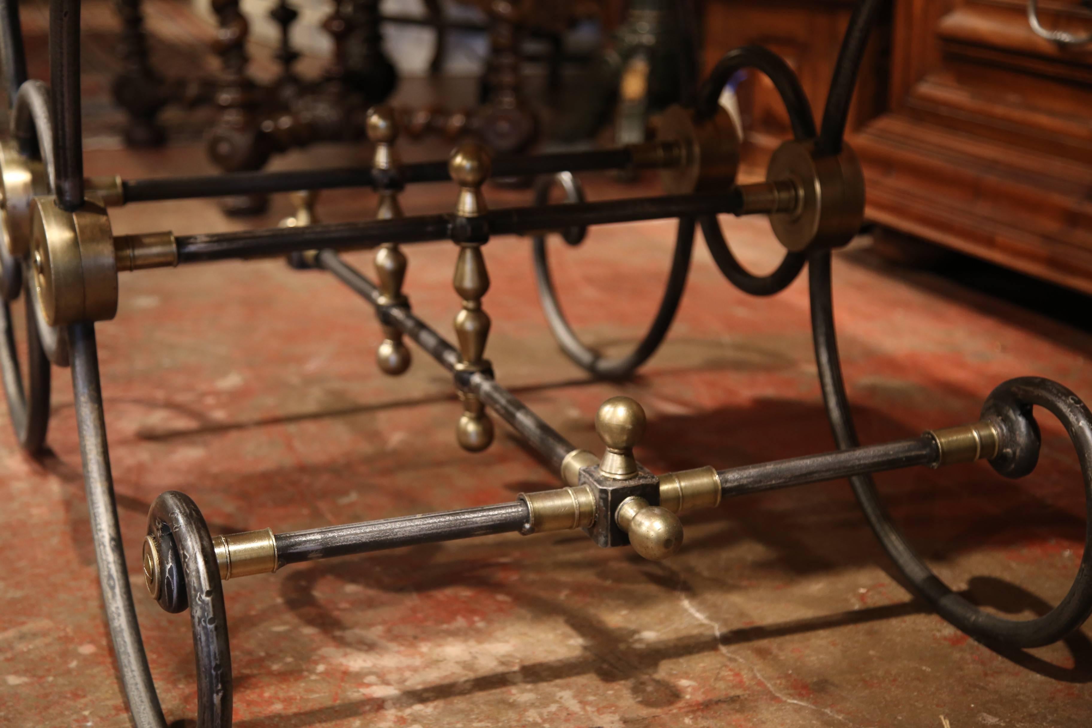 Polished Iron Butcher Pastry Table with Marble Top and Brass Mounts from France 2