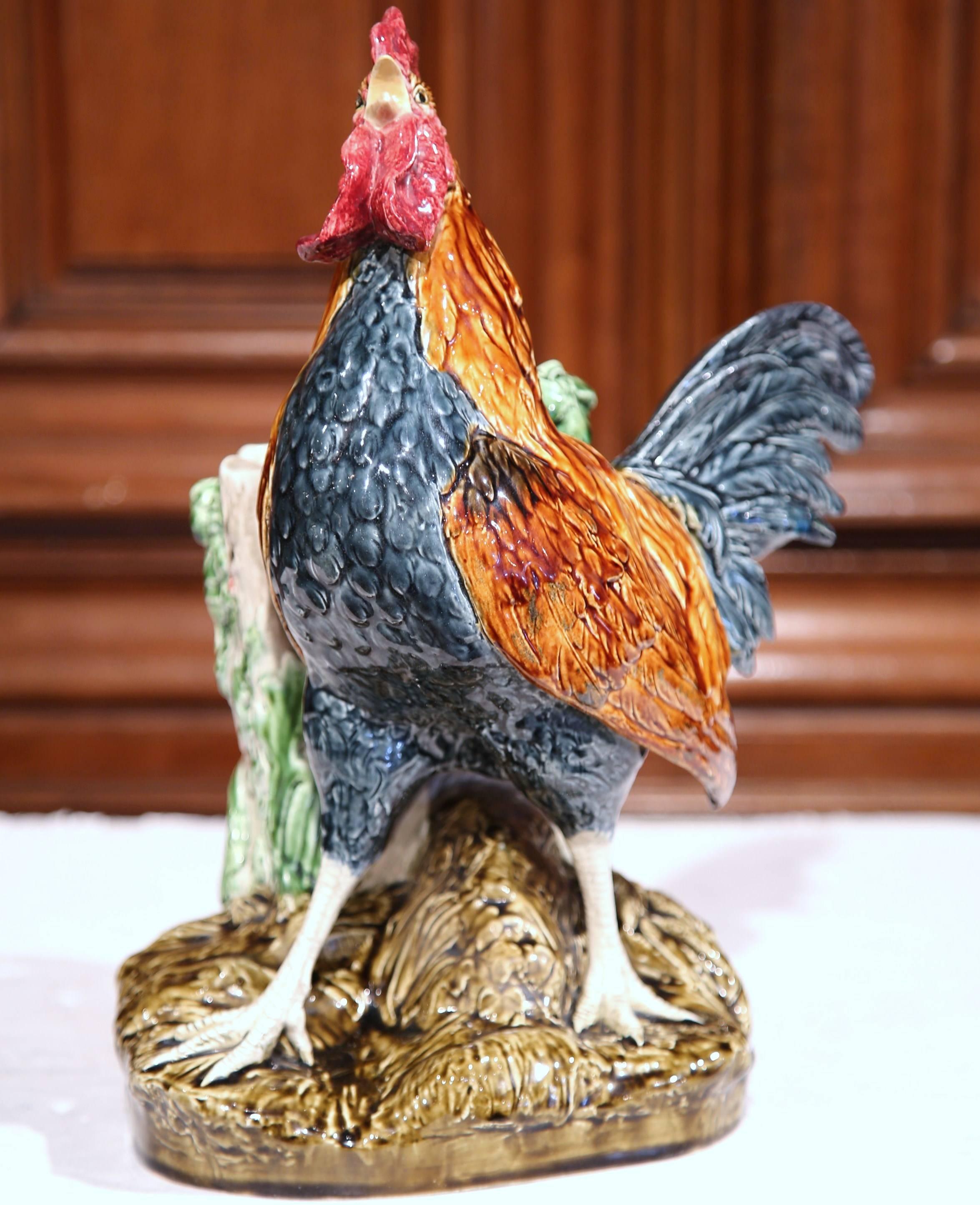 Faience 19th Century French Painted Barbotine Vase Rooster Signed Louis Carrier-Belleuse