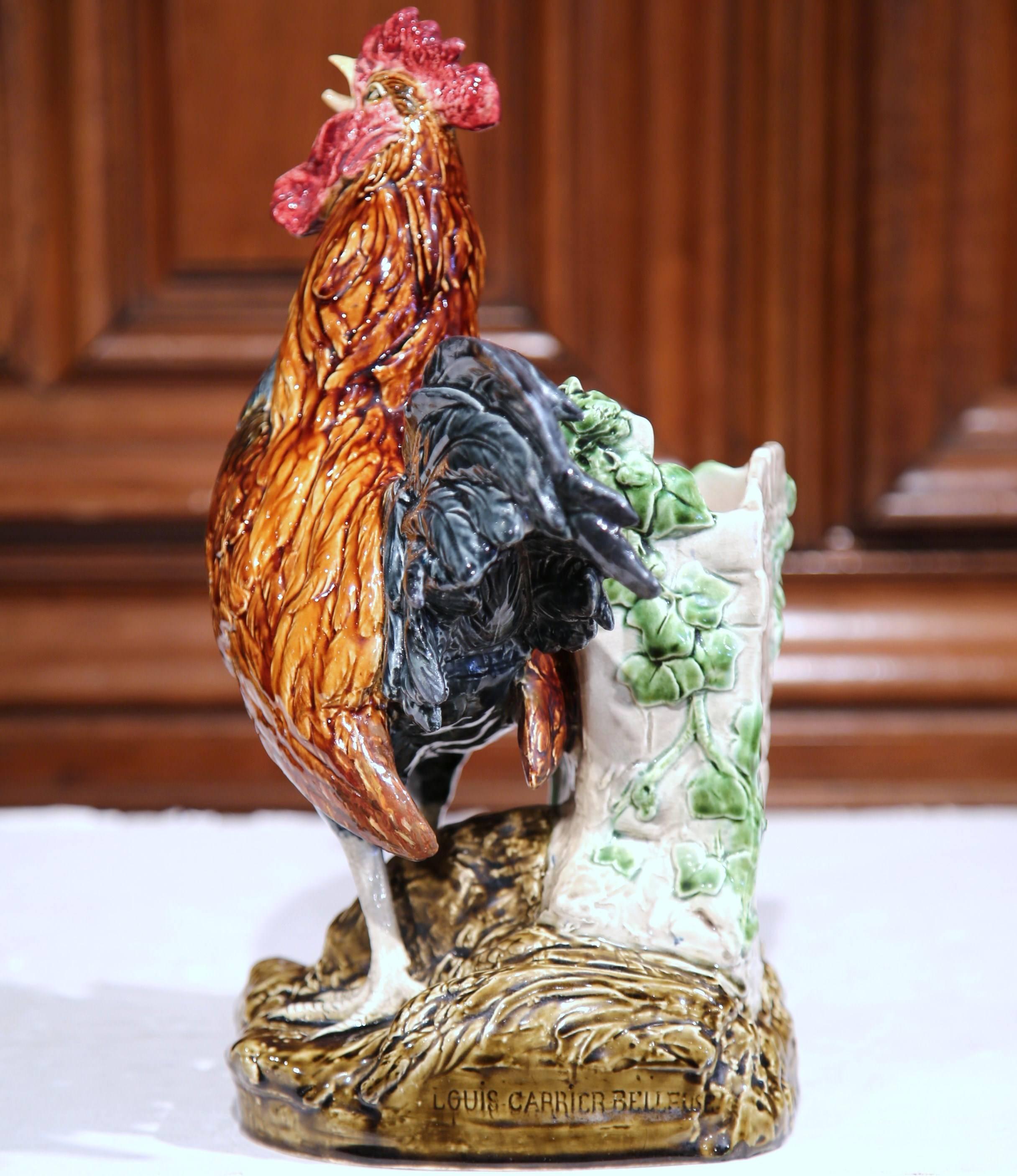 Hand-Crafted 19th Century French Painted Barbotine Vase Rooster Signed Louis Carrier-Belleuse