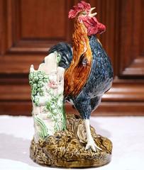 19th Century French Painted Barbotine Vase Rooster Signed Louis Carrier-Belleuse