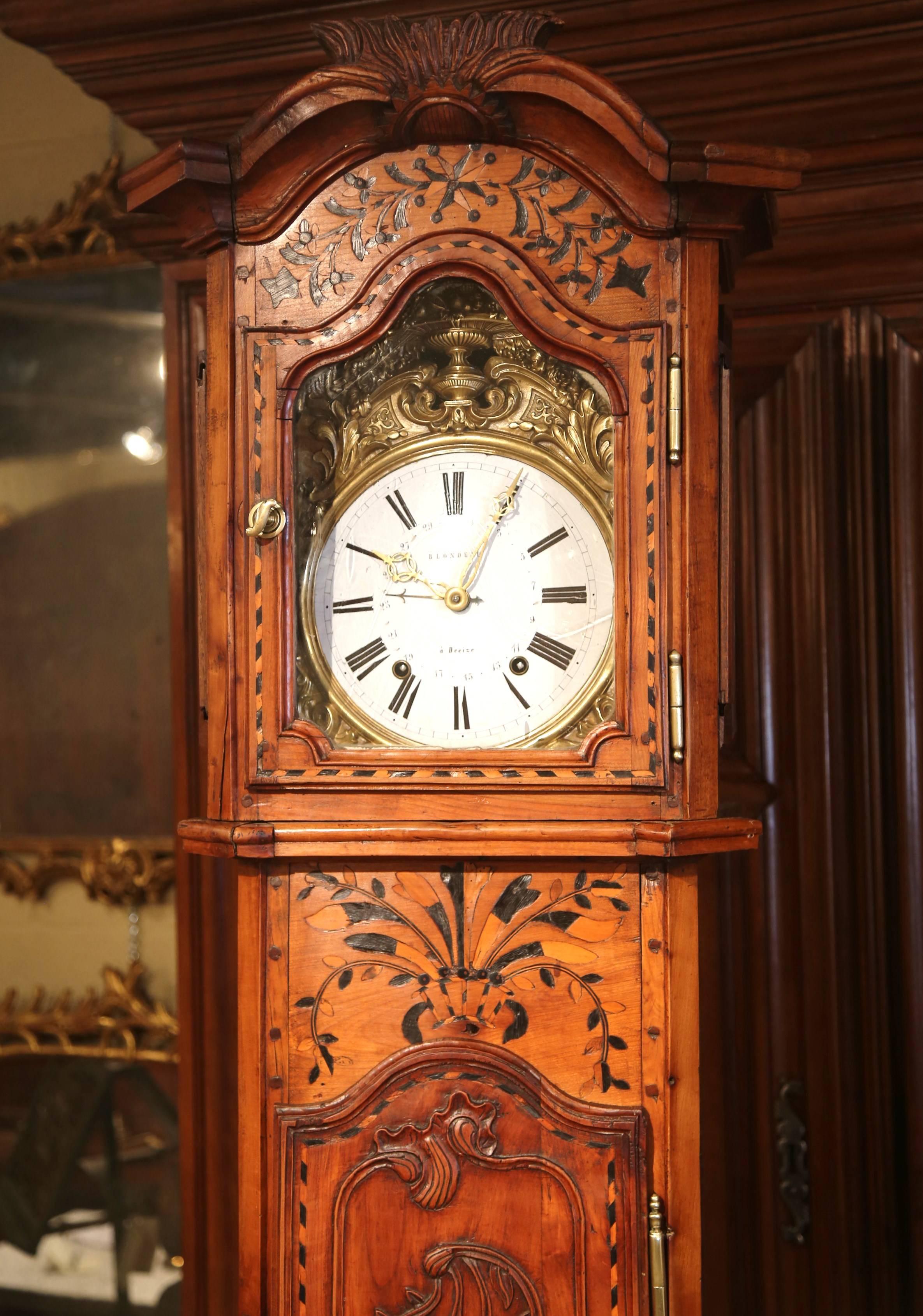 Hand-Carved  18th Century, French, Louis XV Carved Walnut Tall Case Clock with Inlay Design