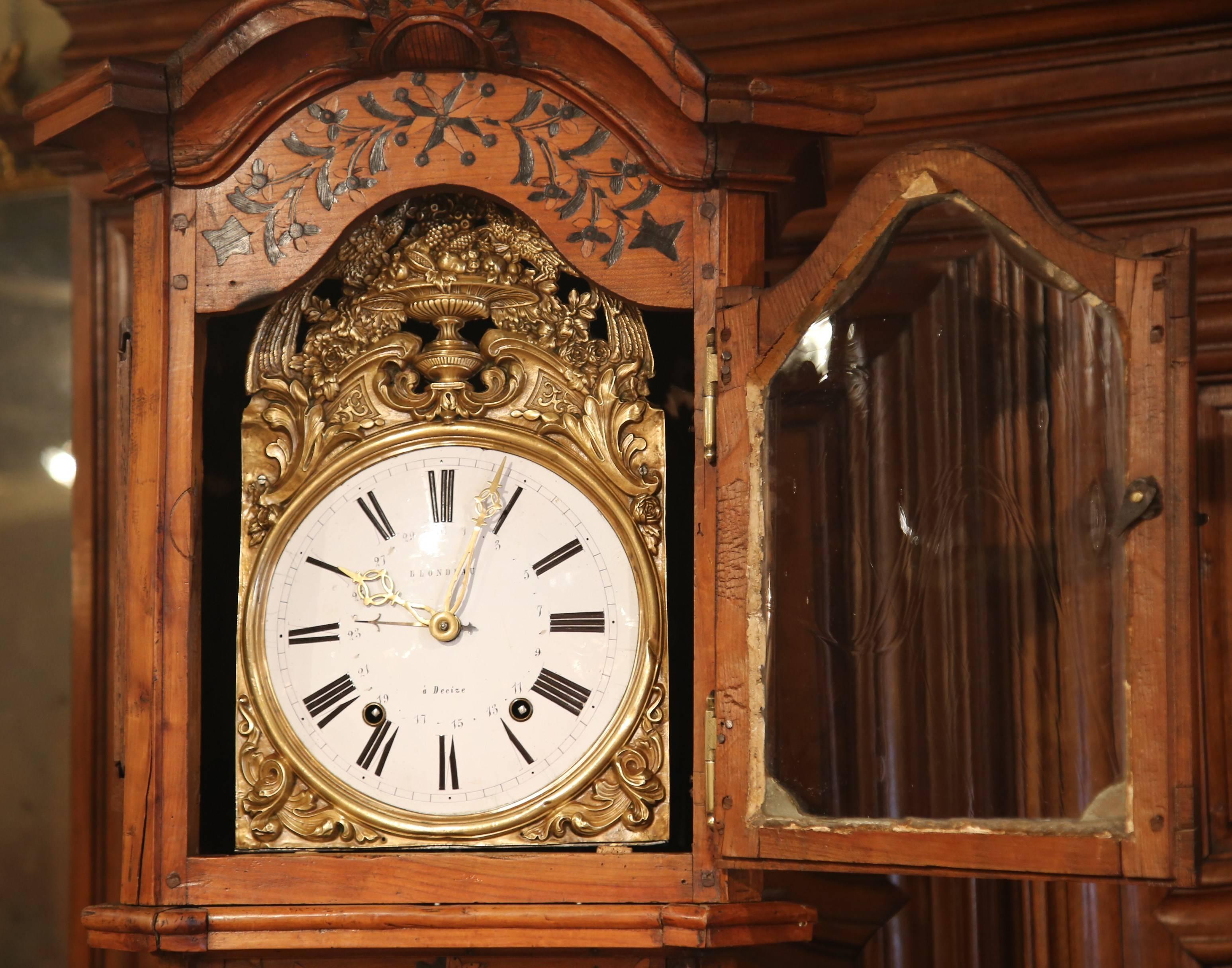  18th Century, French, Louis XV Carved Walnut Tall Case Clock with Inlay Design 3