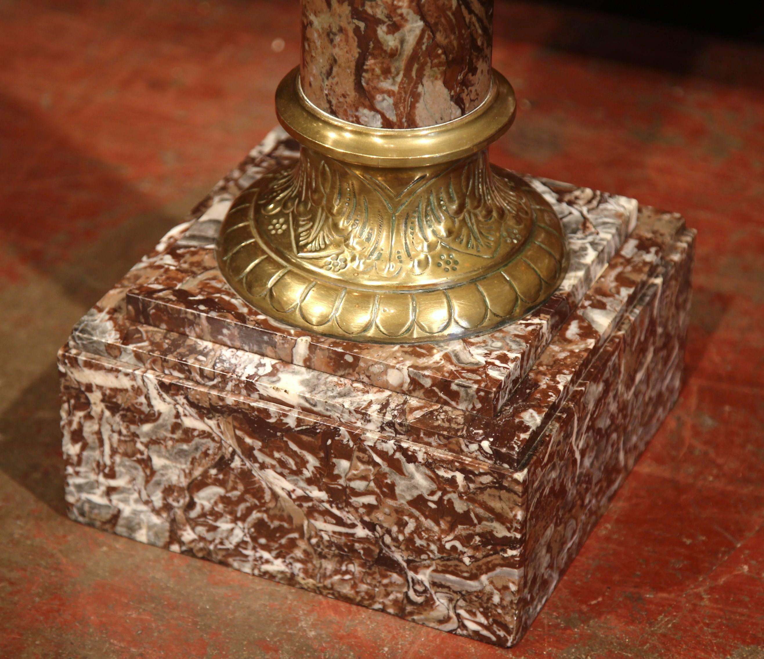 19th Century French Red Marble Pedestal with Square Swivel Top and Brass Rings In Excellent Condition In Dallas, TX