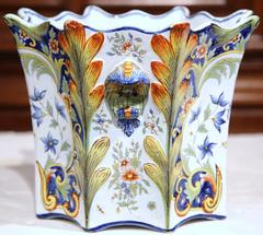 Large 19th Century, French, Hand-Painted Cache Pot from Rouen Normandy