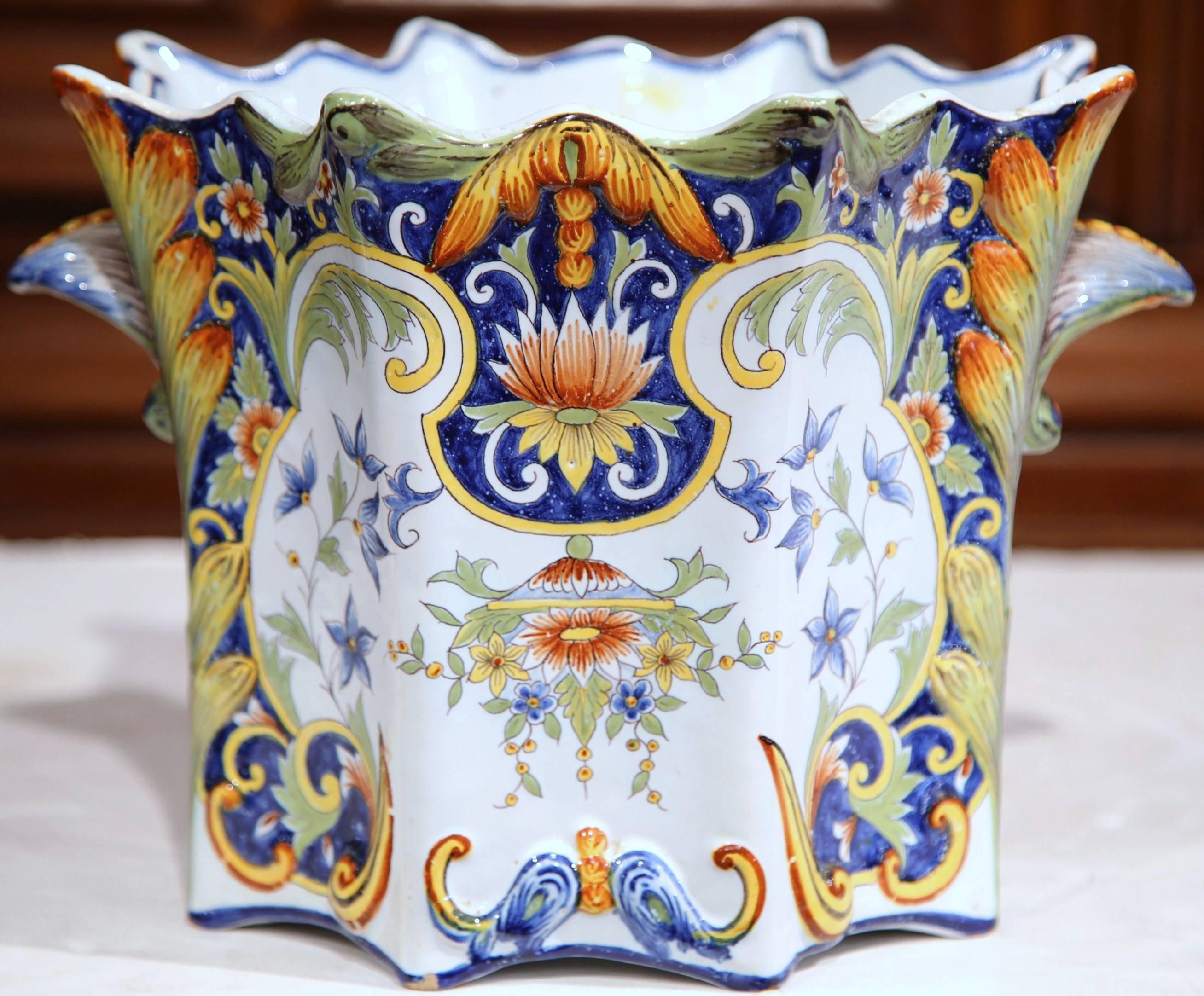 Large 19th Century, French, Hand-Painted Cache Pot from Rouen Normandy 1