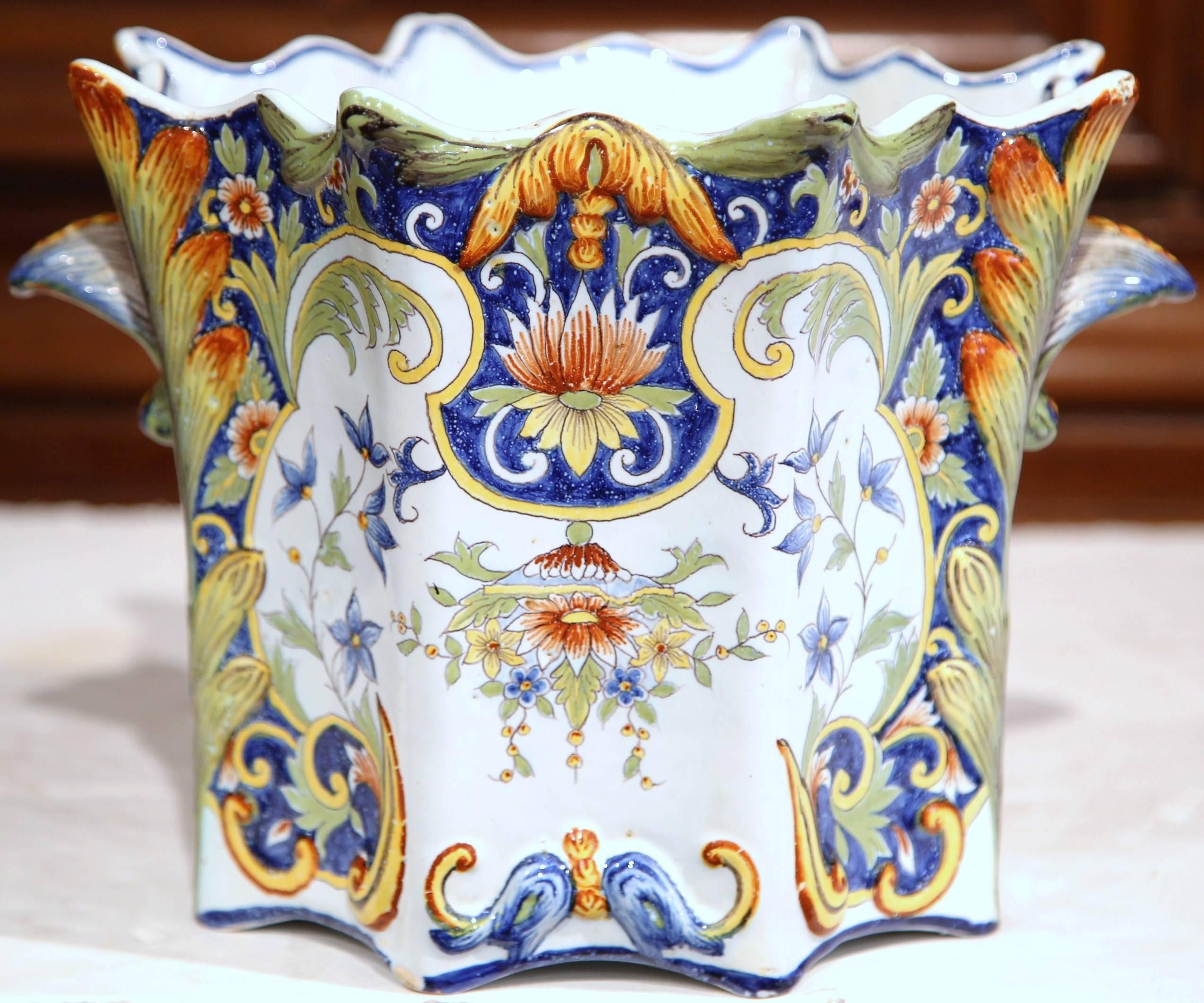 Large 19th Century, French, Hand-Painted Cache Pot from Rouen Normandy In Excellent Condition In Dallas, TX