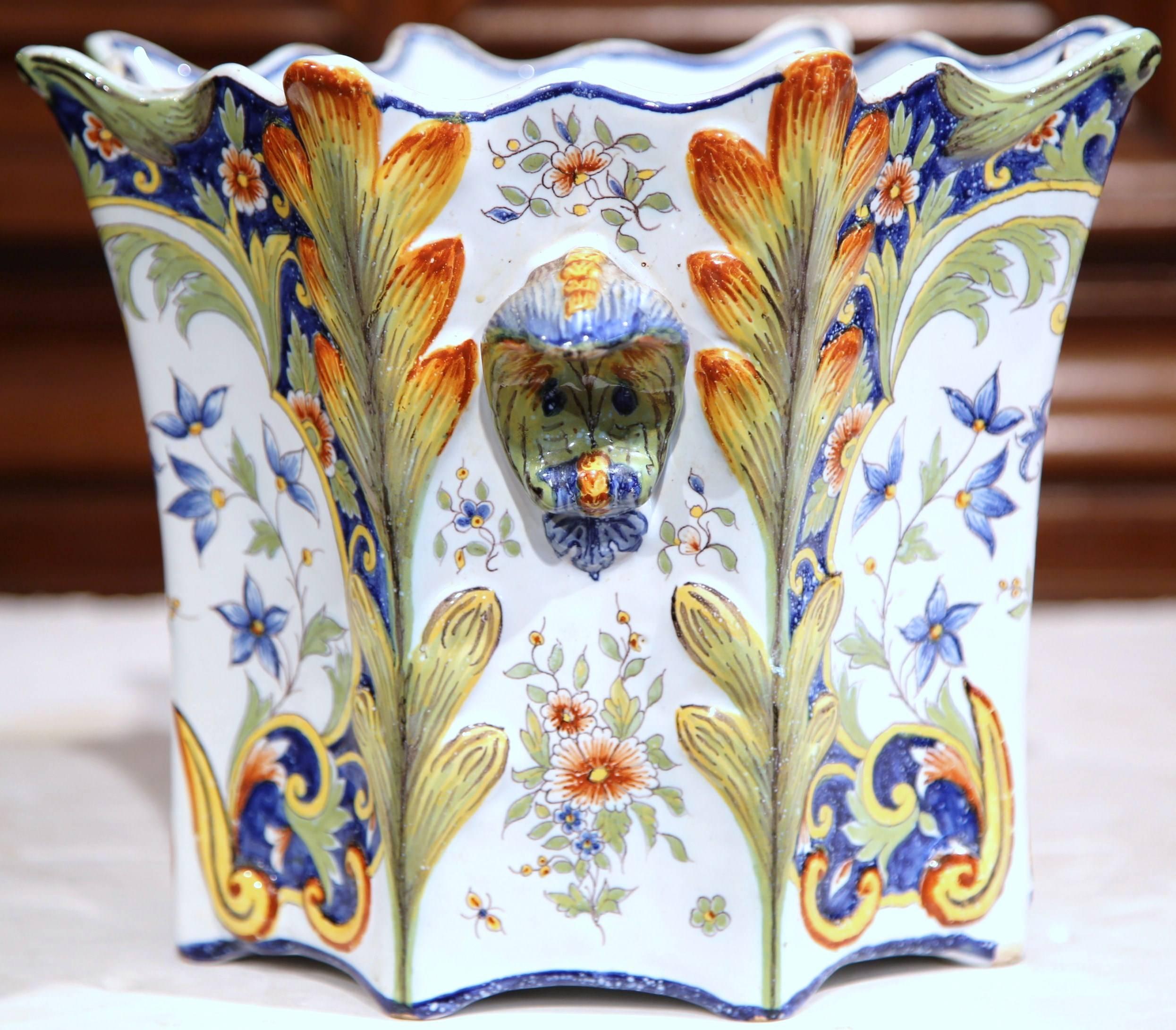 Faience Large 19th Century, French, Hand-Painted Cache Pot from Rouen Normandy