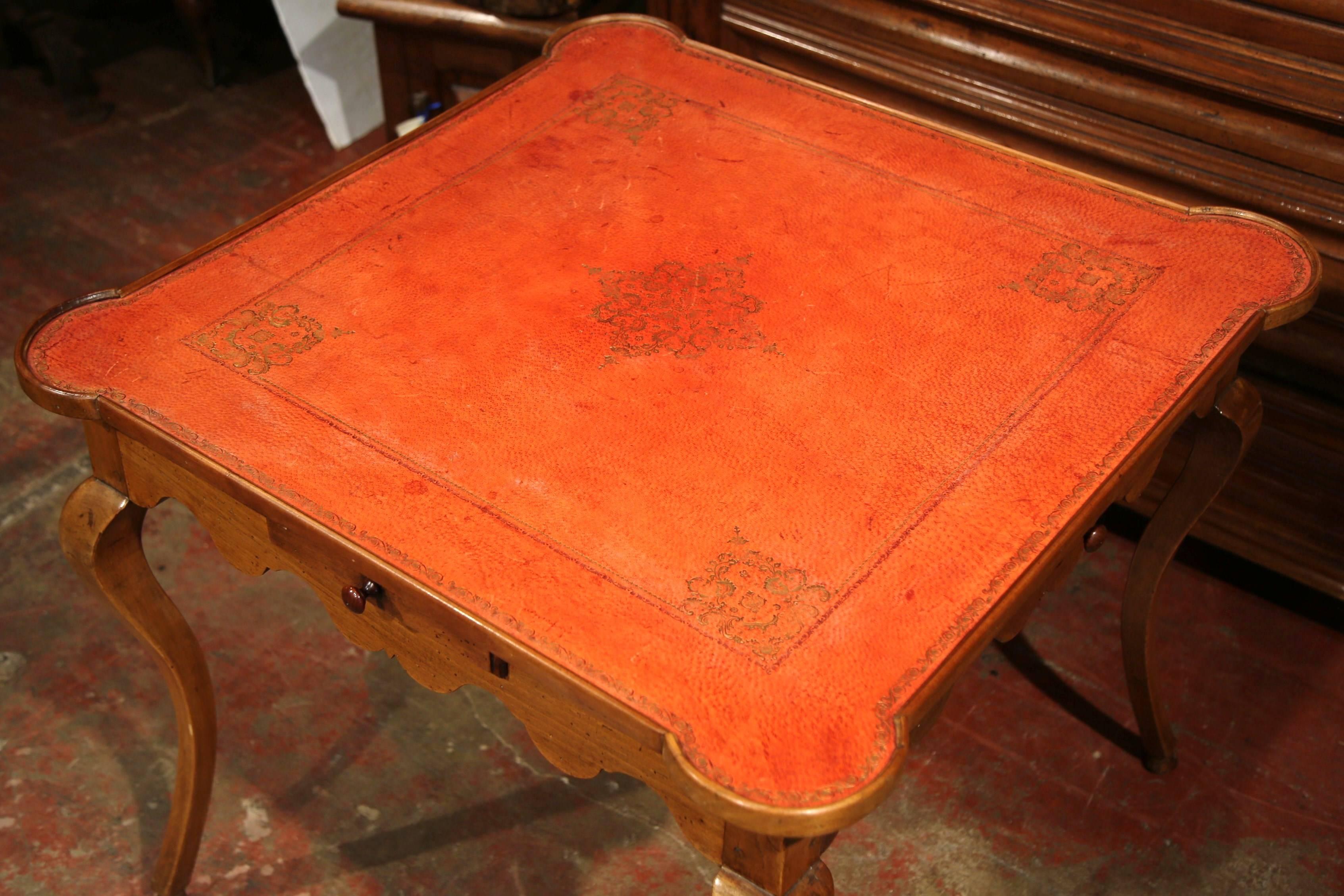 Hand-Carved Mid-19th Century, French, Louis XV Walnut Game Table with Red Leather Top