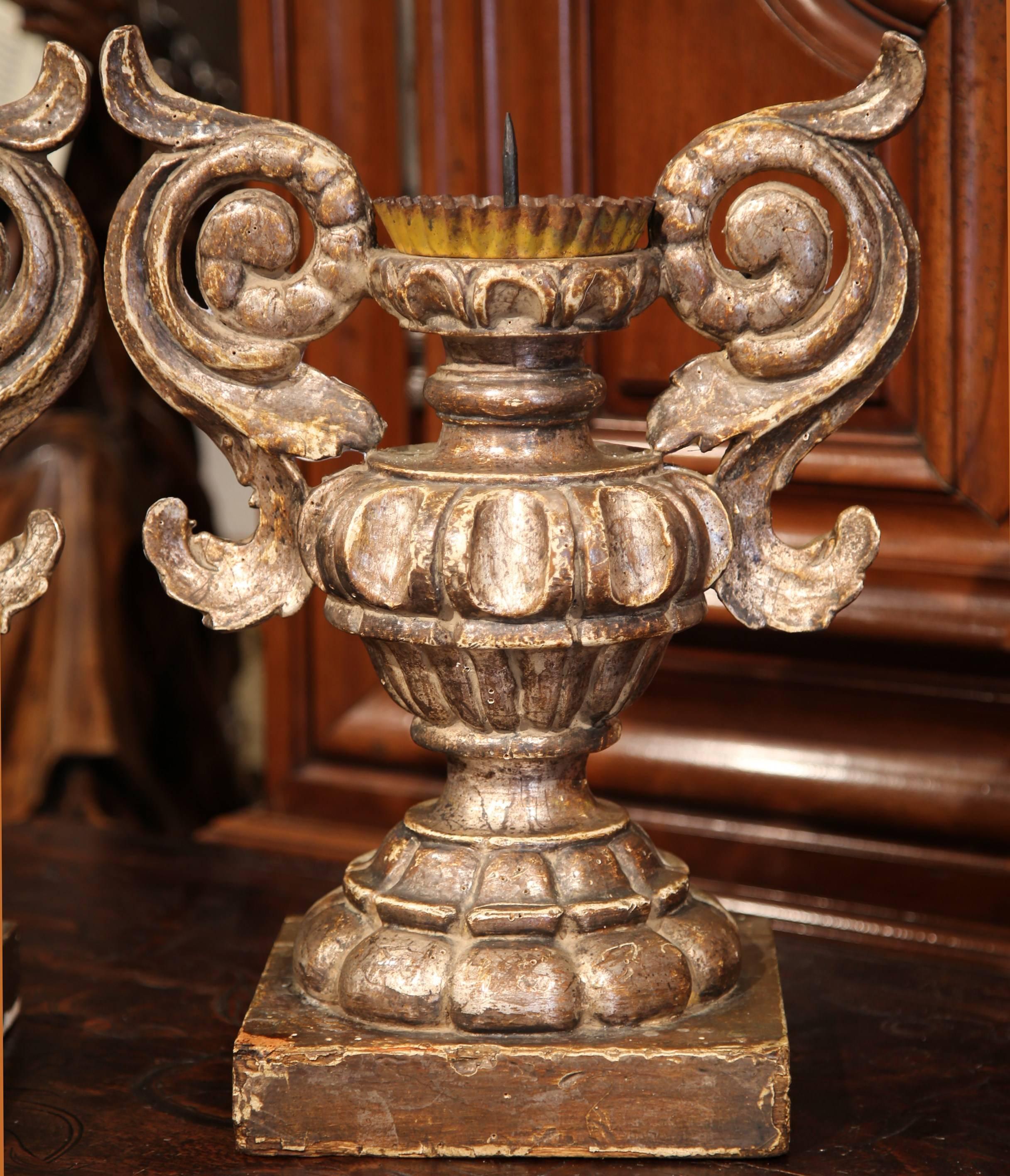 Classical Roman Pair of 19th Century Italian Baroque Carved Silverleaf Candlesticks Prickets