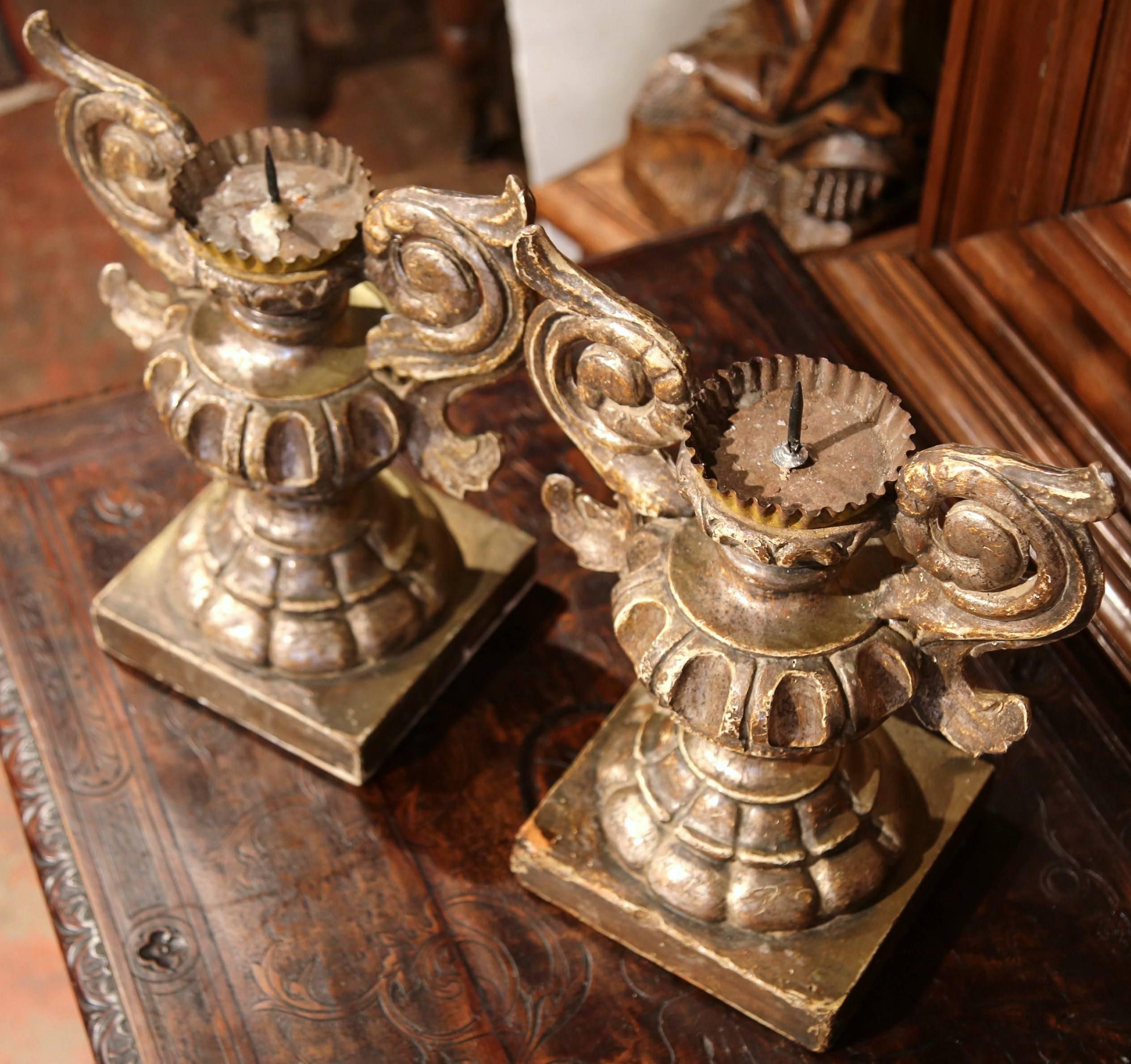 Pair of 19th Century Italian Baroque Carved Silverleaf Candlesticks Prickets In Excellent Condition In Dallas, TX