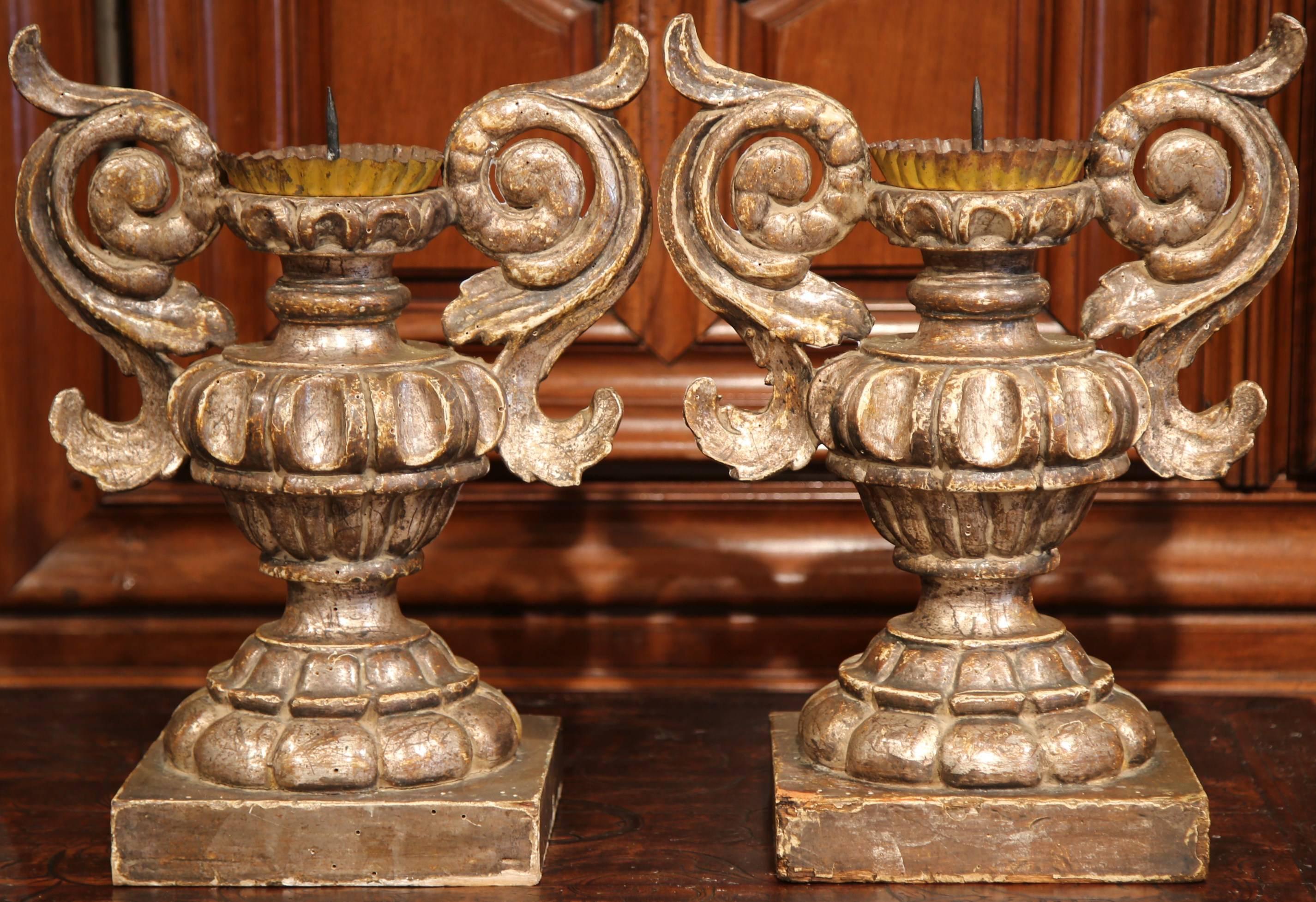 Silver Leaf Pair of 19th Century Italian Baroque Carved Silverleaf Candlesticks Prickets