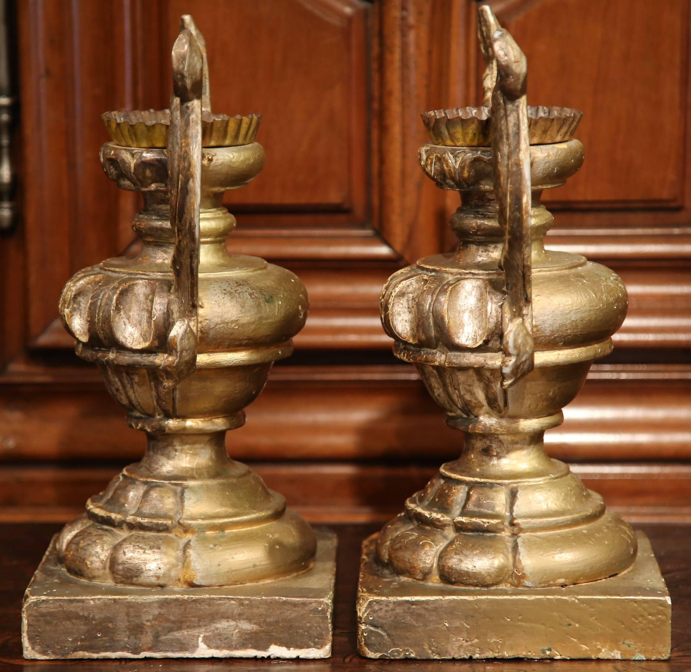 Pair of 19th Century Italian Baroque Carved Silverleaf Candlesticks Prickets 1