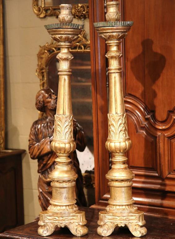 Pair of 18th Century French Louis XV Carved Giltwood Altar Candlesticks