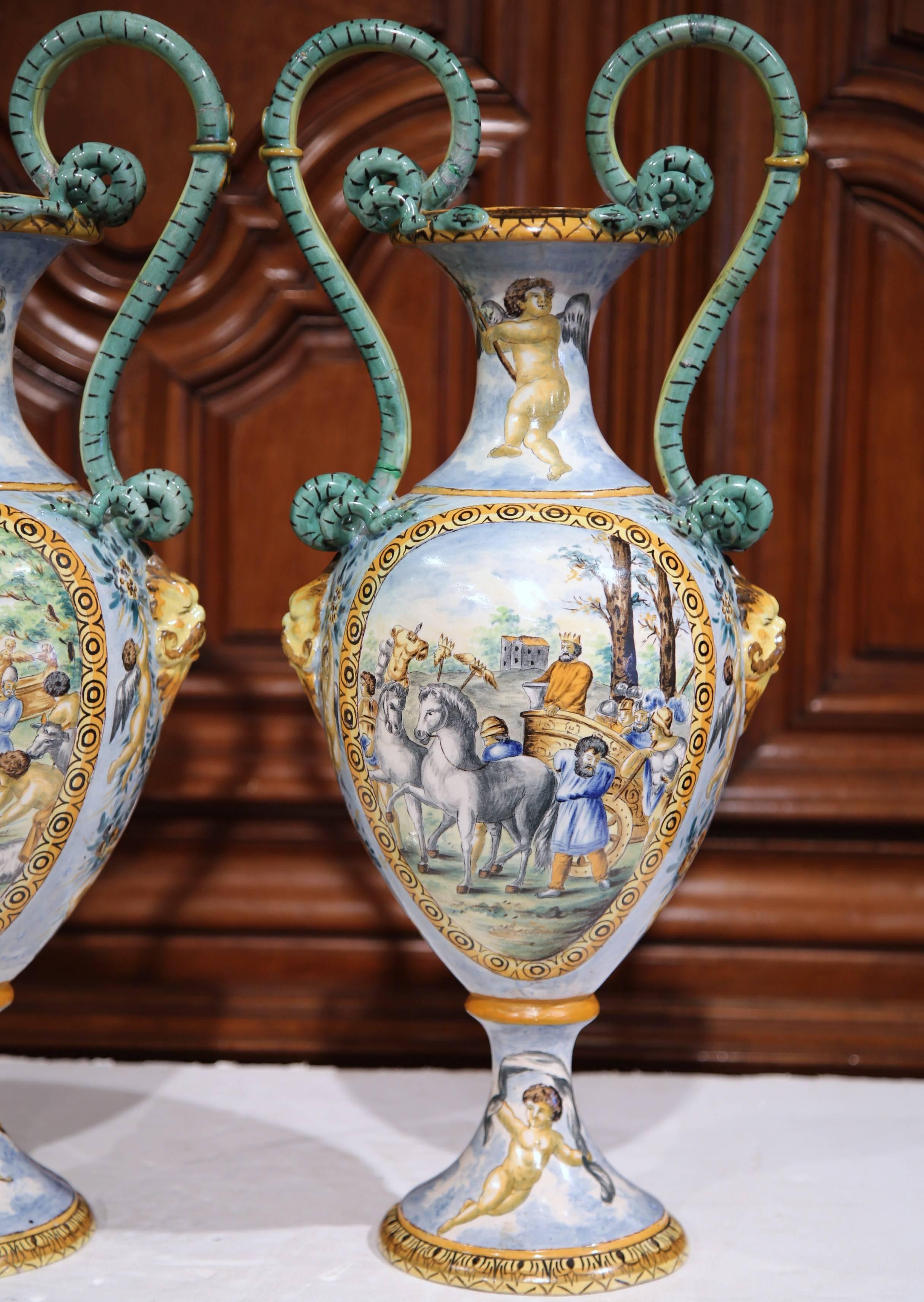 Pair of 19th Century Italian Hand Classical Painted Vases with Roman Scenes 3