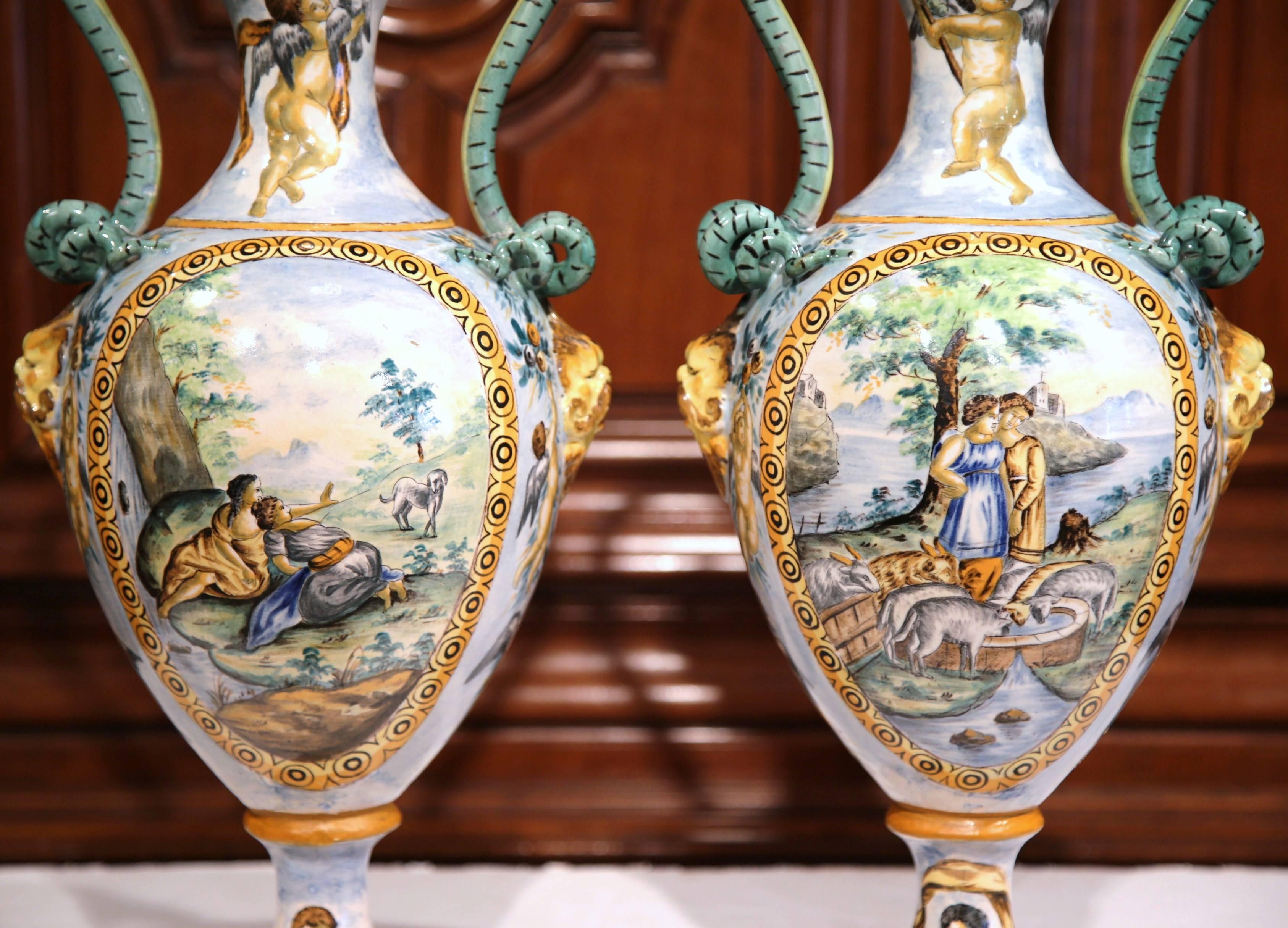 Classical Roman Pair of 19th Century Italian Hand Classical Painted Vases with Roman Scenes