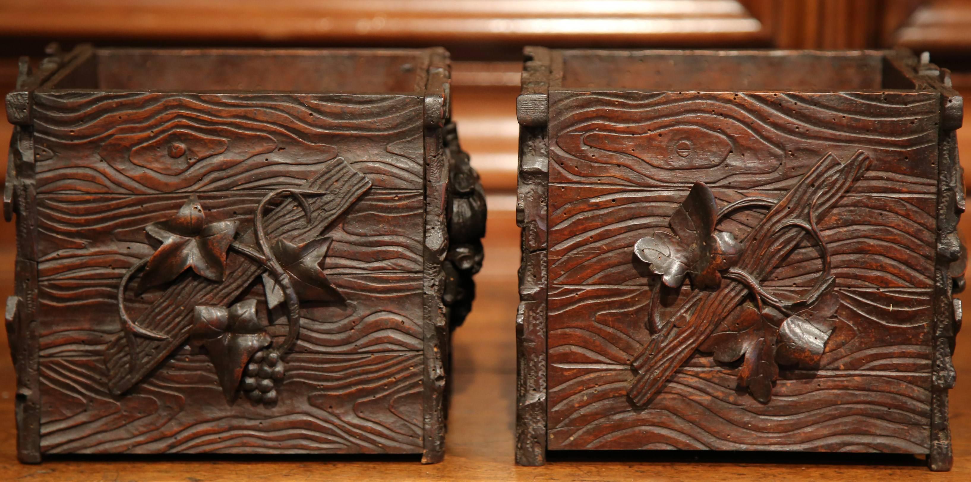 Pair of 19th Century French Carved Walnut Black Forest Square Jardinieres 1