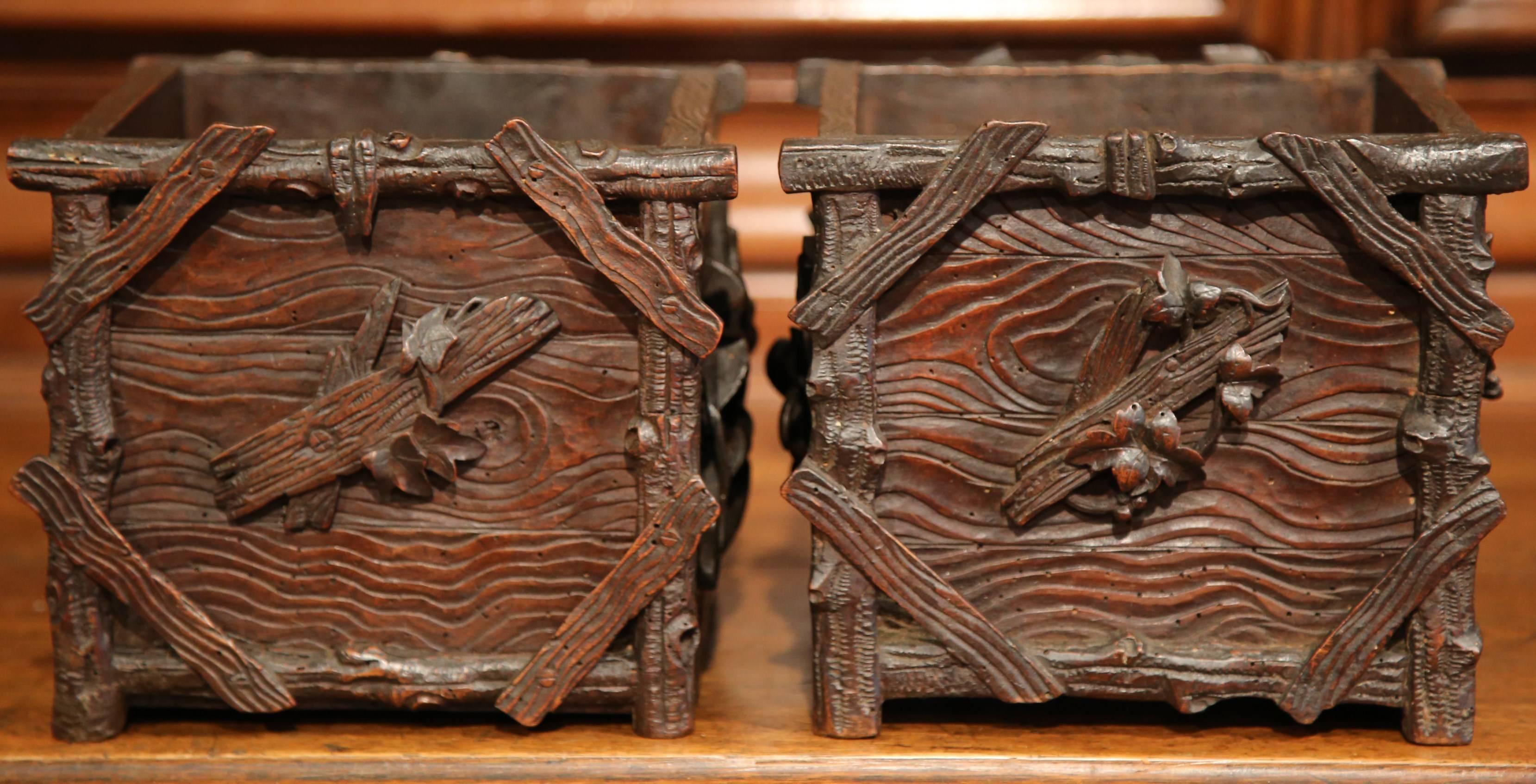 Pair of 19th Century French Carved Walnut Black Forest Square Jardinieres 2