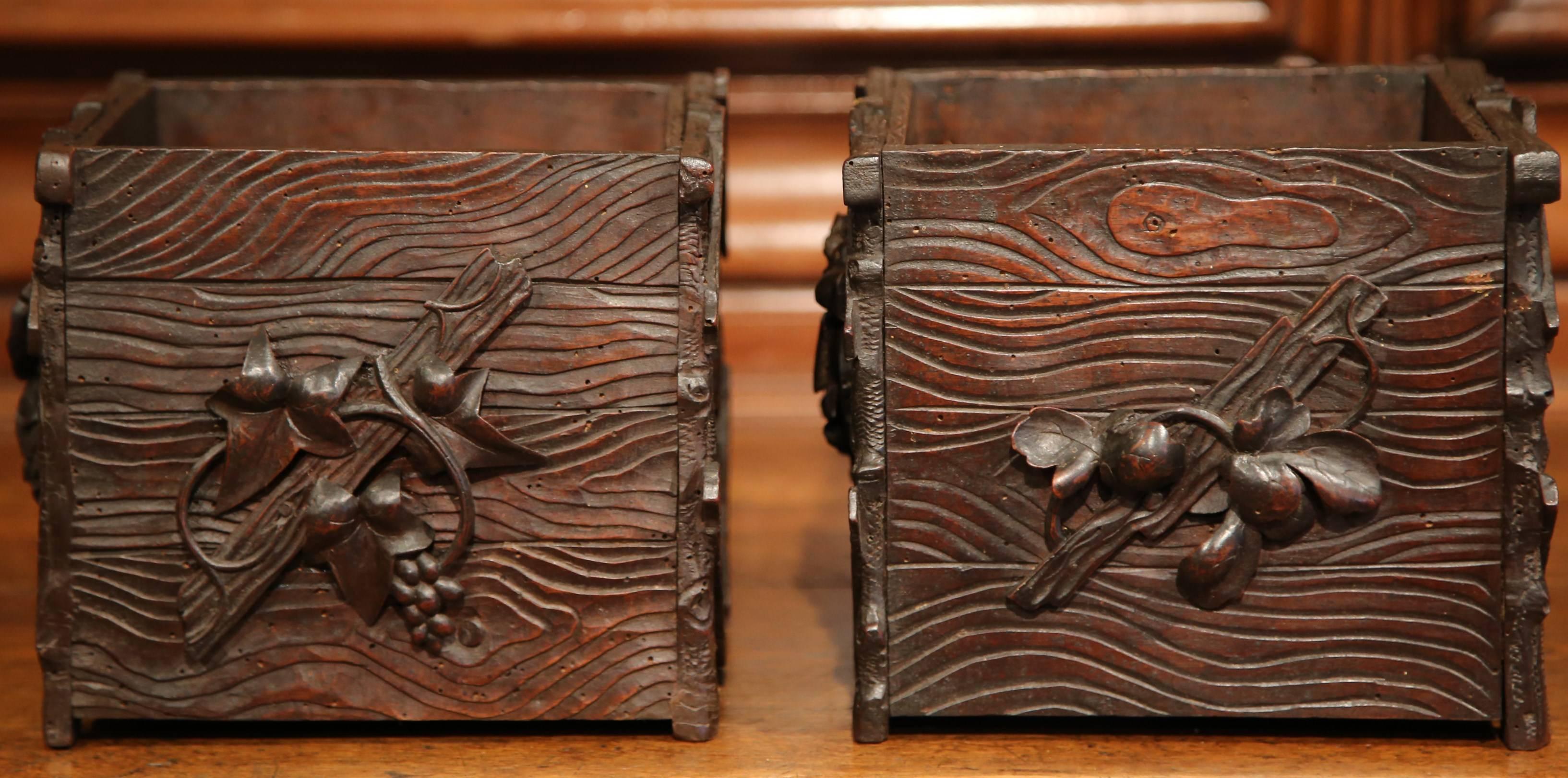 Pair of 19th Century French Carved Walnut Black Forest Square Jardinieres 3