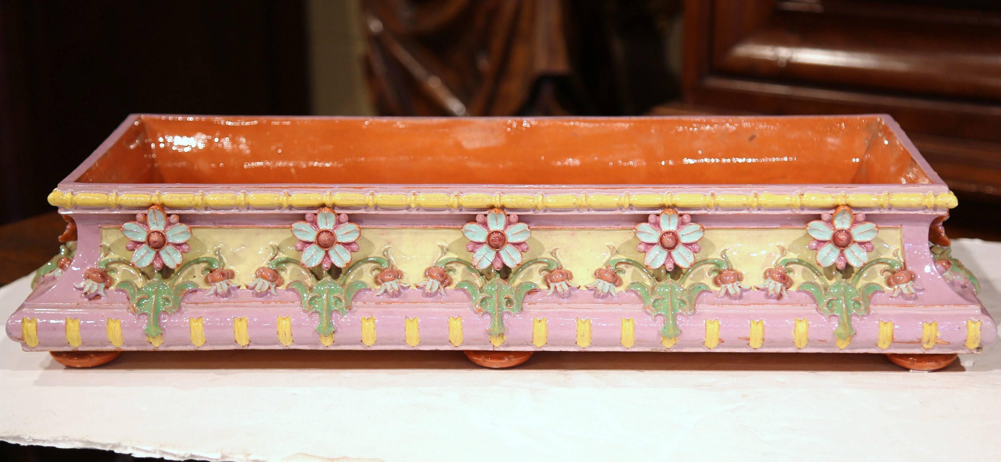 Hand-Crafted Large Mid-20th Century French Barbotine Jardinière with Flowers from Montchanin