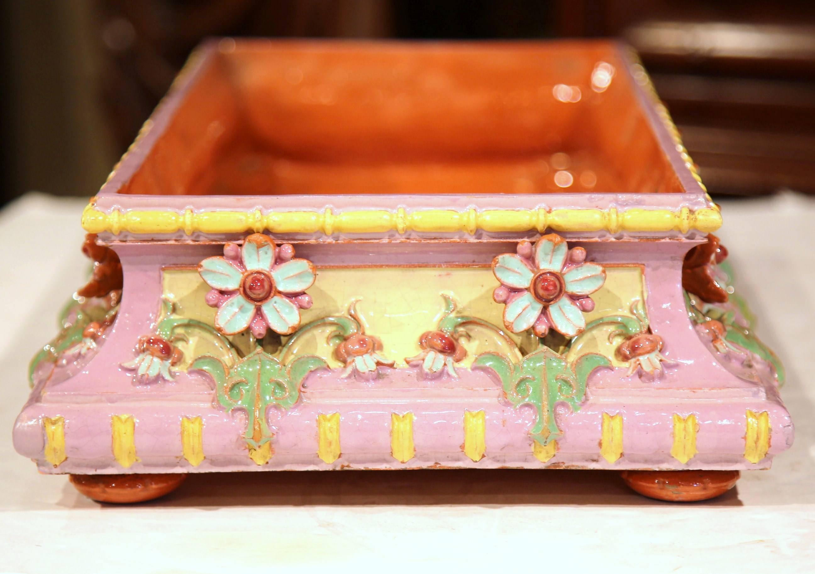 Large Mid-20th Century French Barbotine Jardinière with Flowers from Montchanin 1