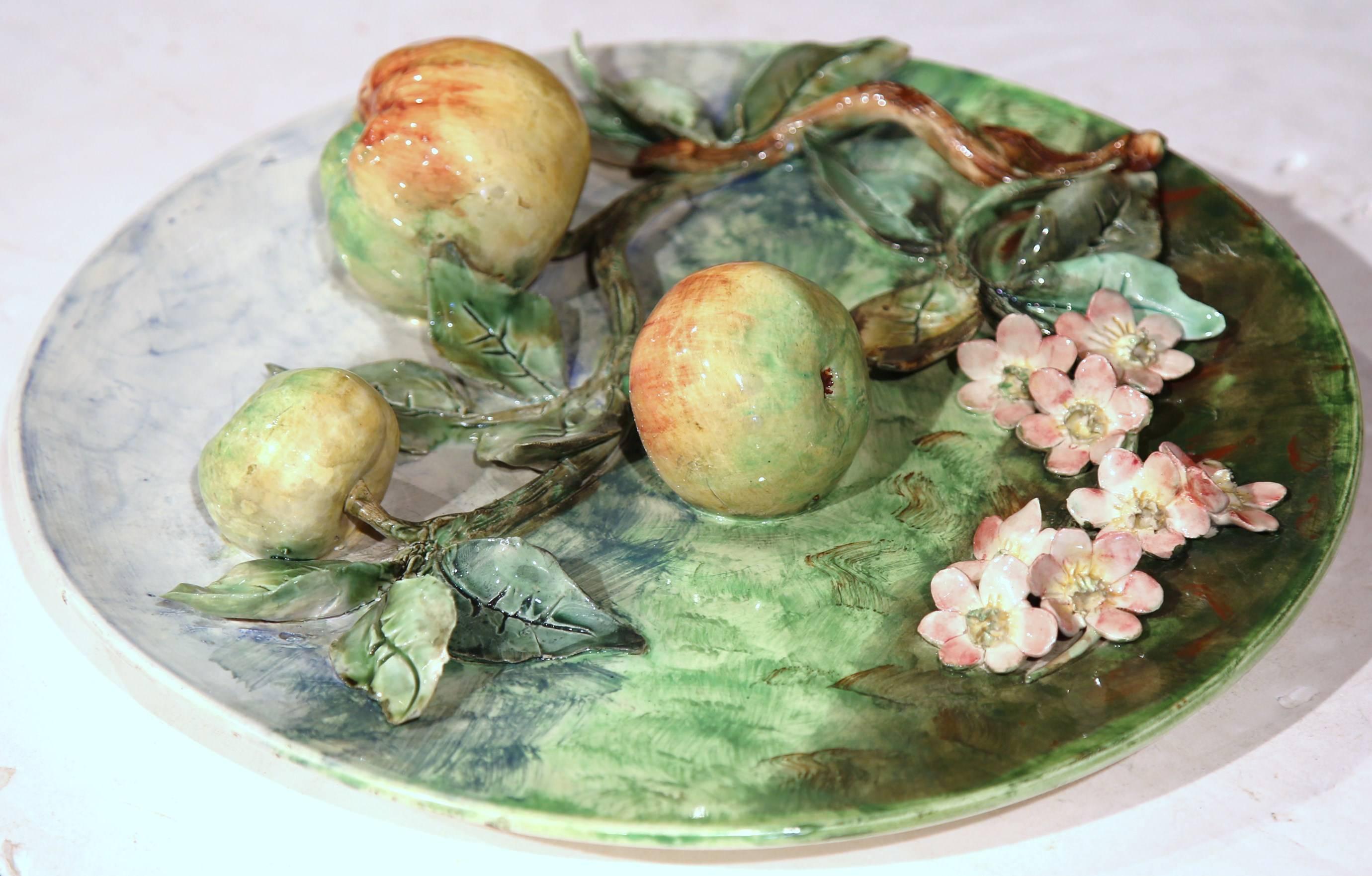 Faience 19th Century French Barbotine Ceramic Wall Platter with Apples Signed Longchamp