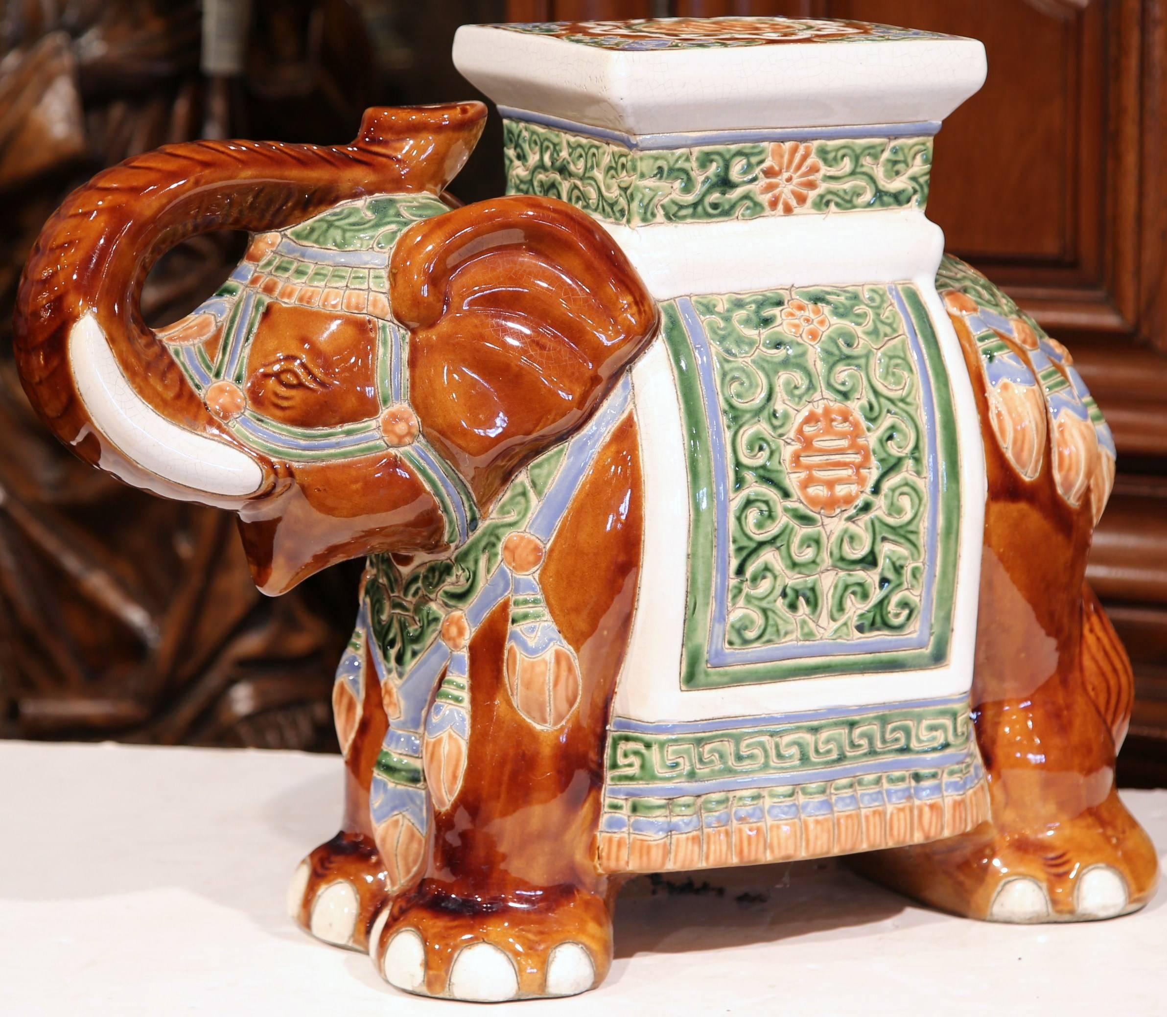 Early 20th Century French Hand Painted Ceramic Elephant Sculpture Garden Seat In Excellent Condition In Dallas, TX