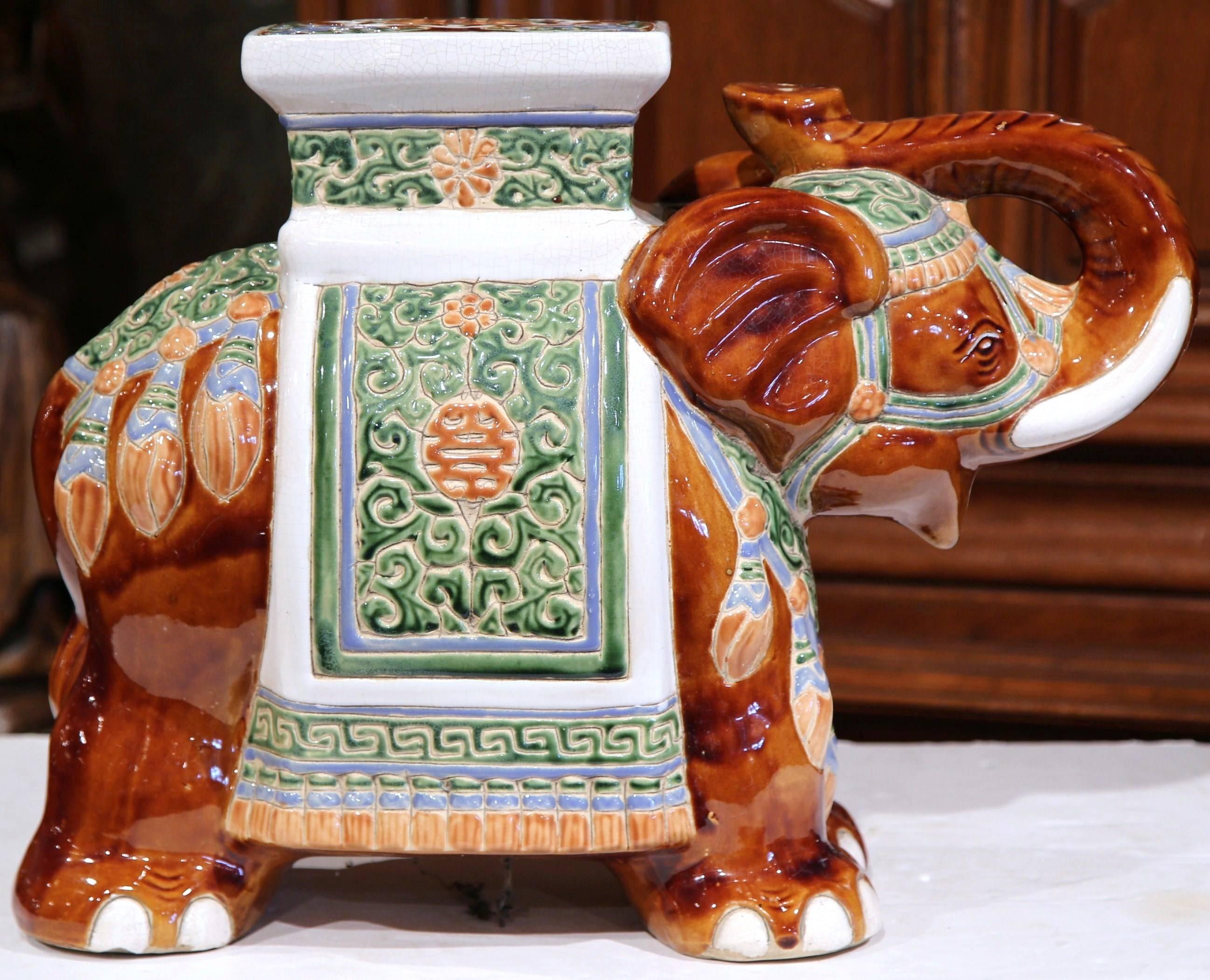 Hand-Crafted Early 20th Century French Hand Painted Ceramic Elephant Sculpture Garden Seat
