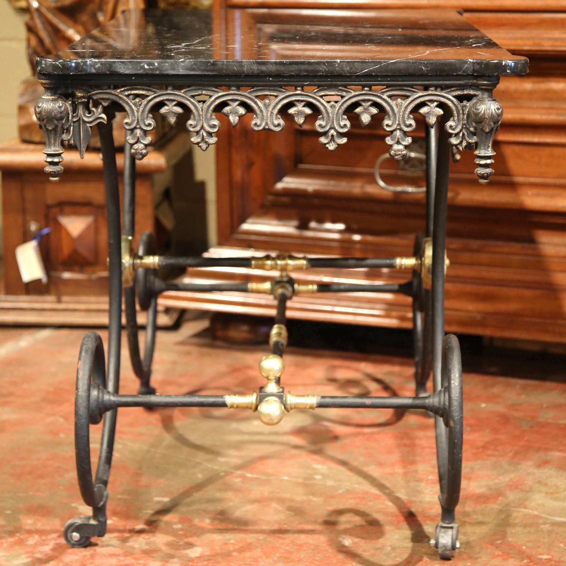 Mid-20th Century French Iron Butcher Pastry Table on Wheels with Black Marble 2