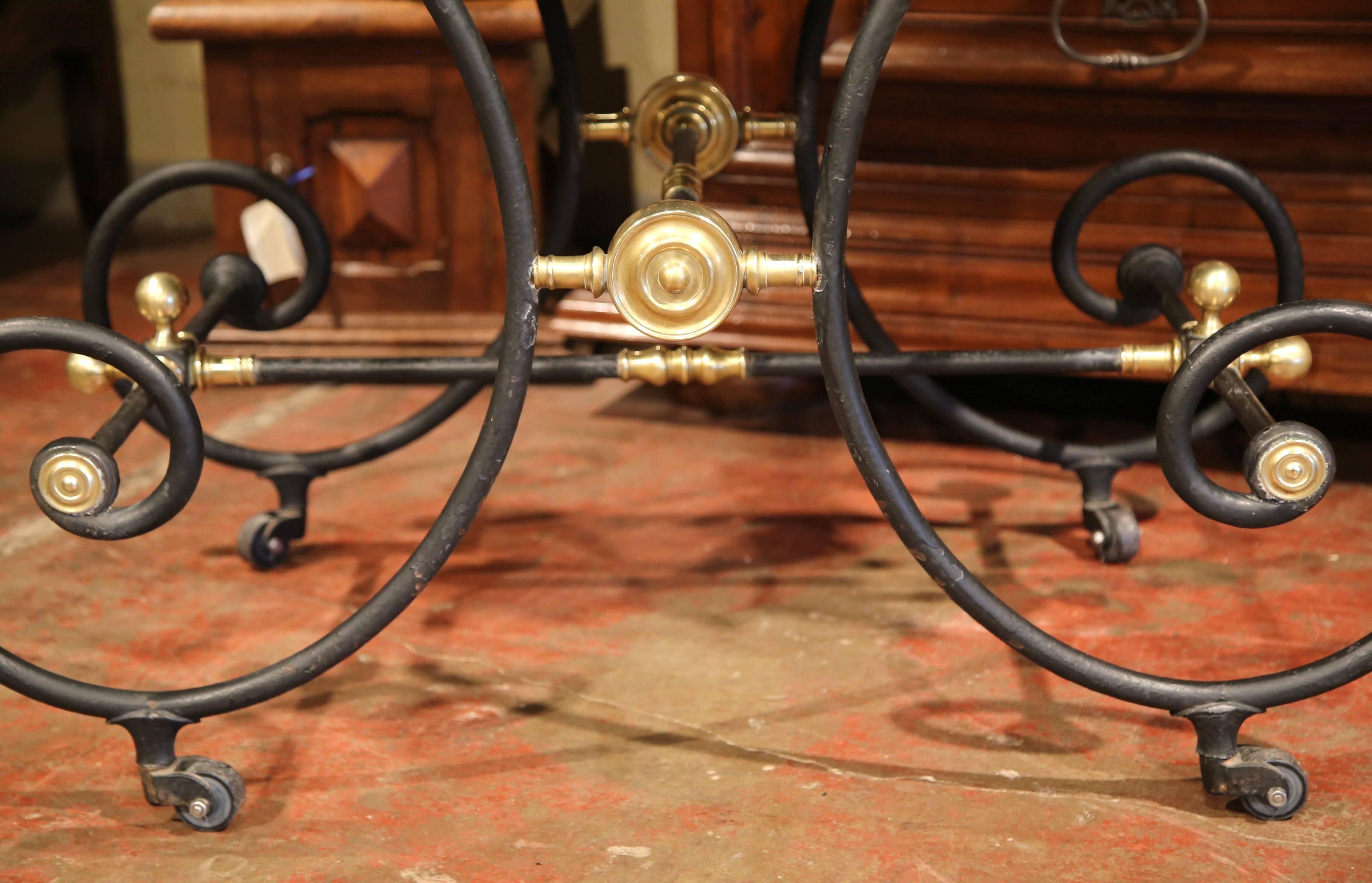 Bronze Mid-20th Century French Iron Butcher Pastry Table on Wheels with Black Marble