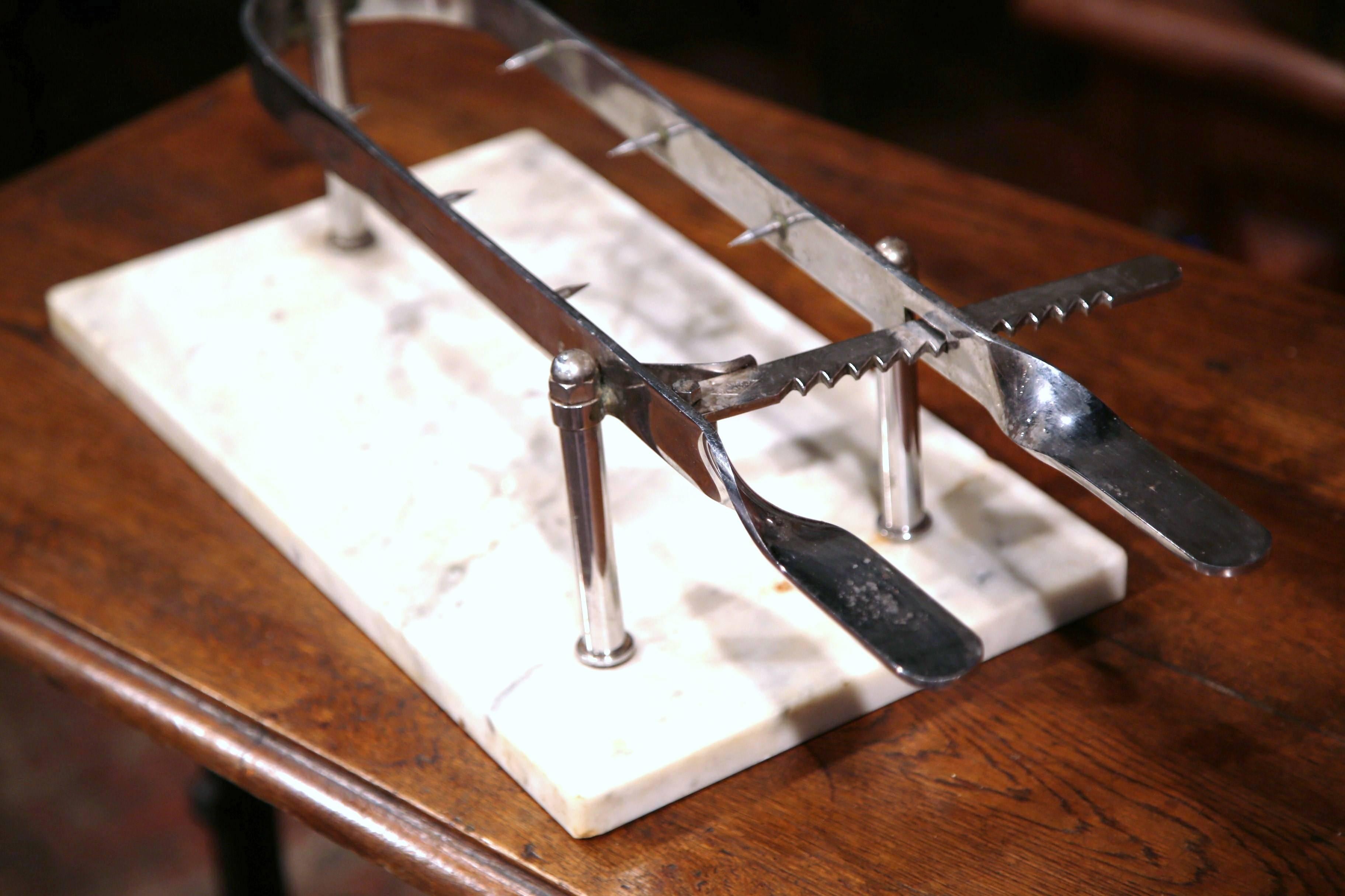 Hand-Crafted Early 20th Century French Stainless Steel and Marble Butcher Meat Holder