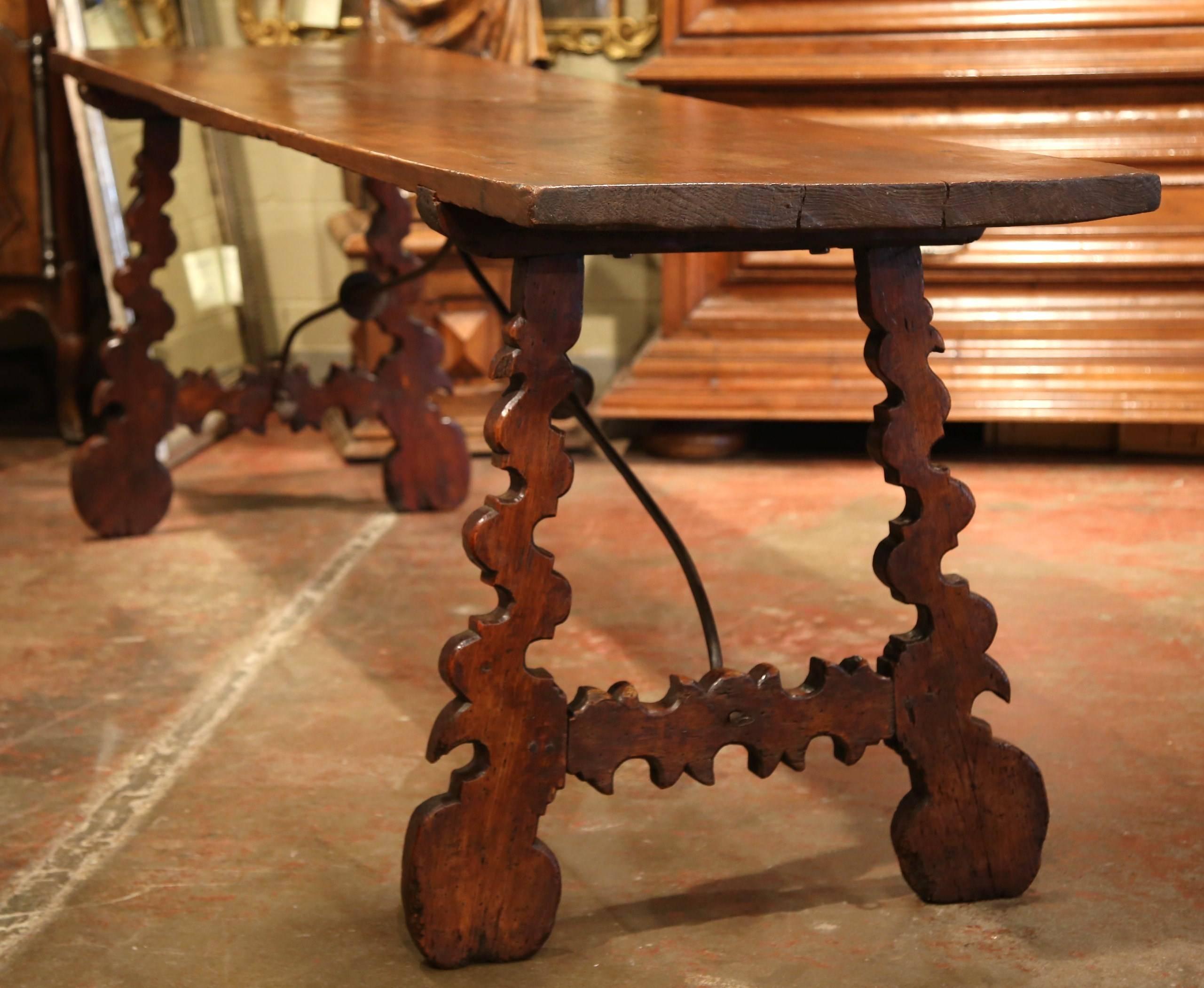 18th Century Spanish Carved Chestnut Console Table with Wrought Iron Stretcher In Excellent Condition In Dallas, TX
