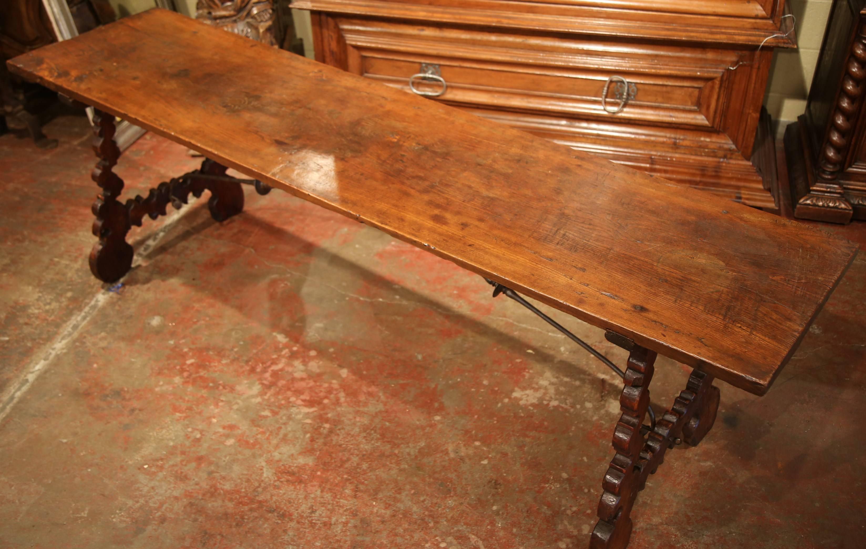 Louis XIII 18th Century Spanish Carved Chestnut Console Table with Wrought Iron Stretcher