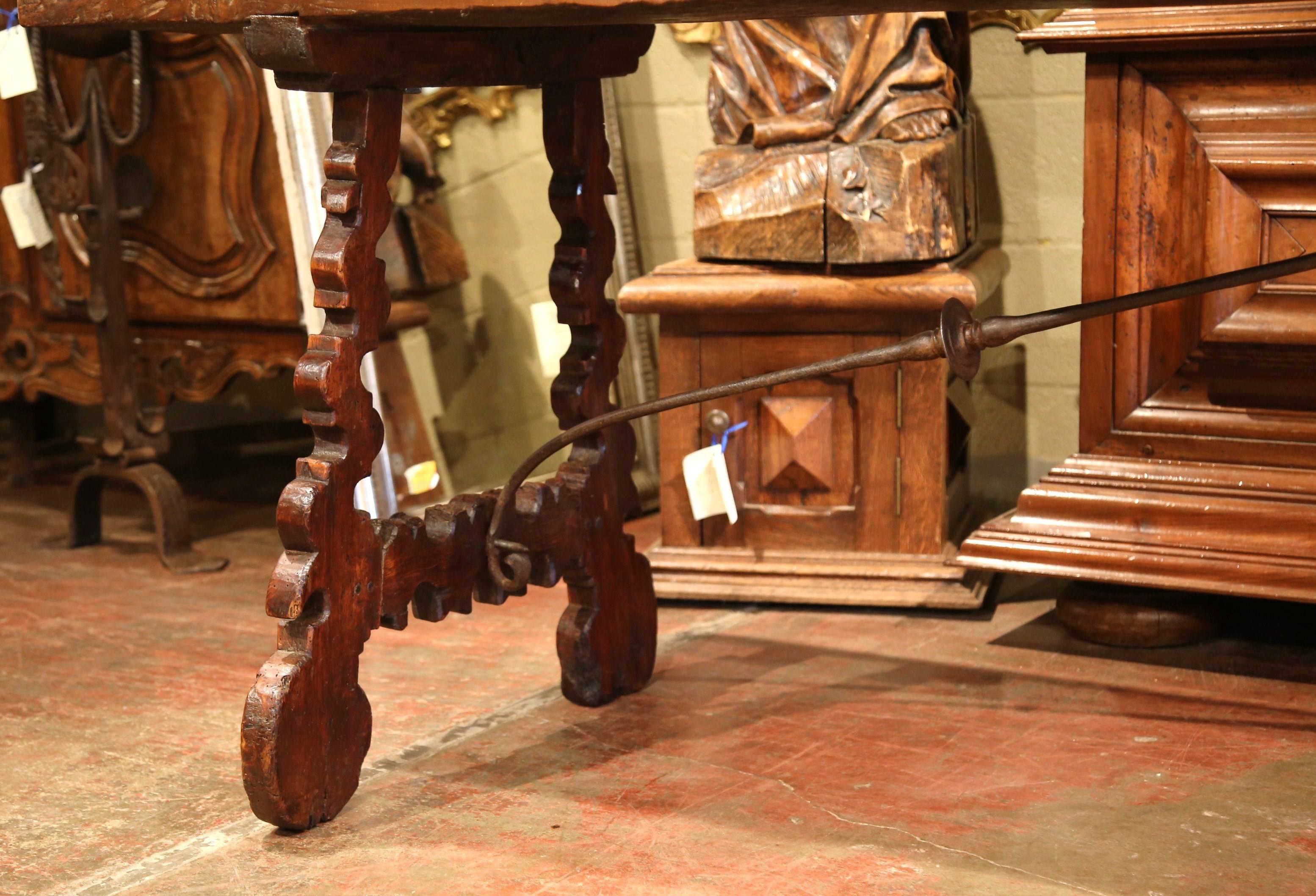 18th Century Spanish Carved Chestnut Console Table with Wrought Iron Stretcher 2