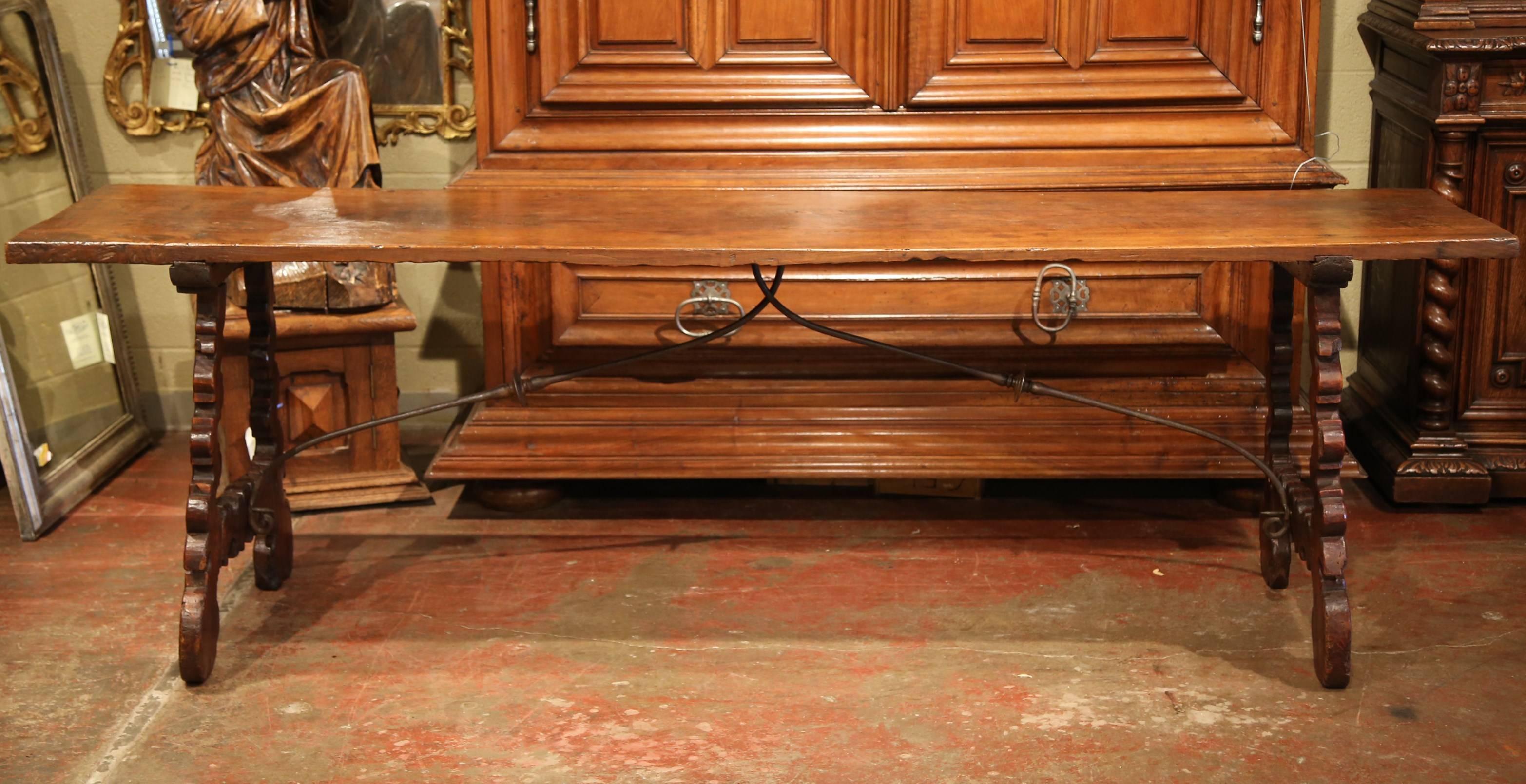 Hand-Carved 18th Century Spanish Carved Chestnut Console Table with Wrought Iron Stretcher