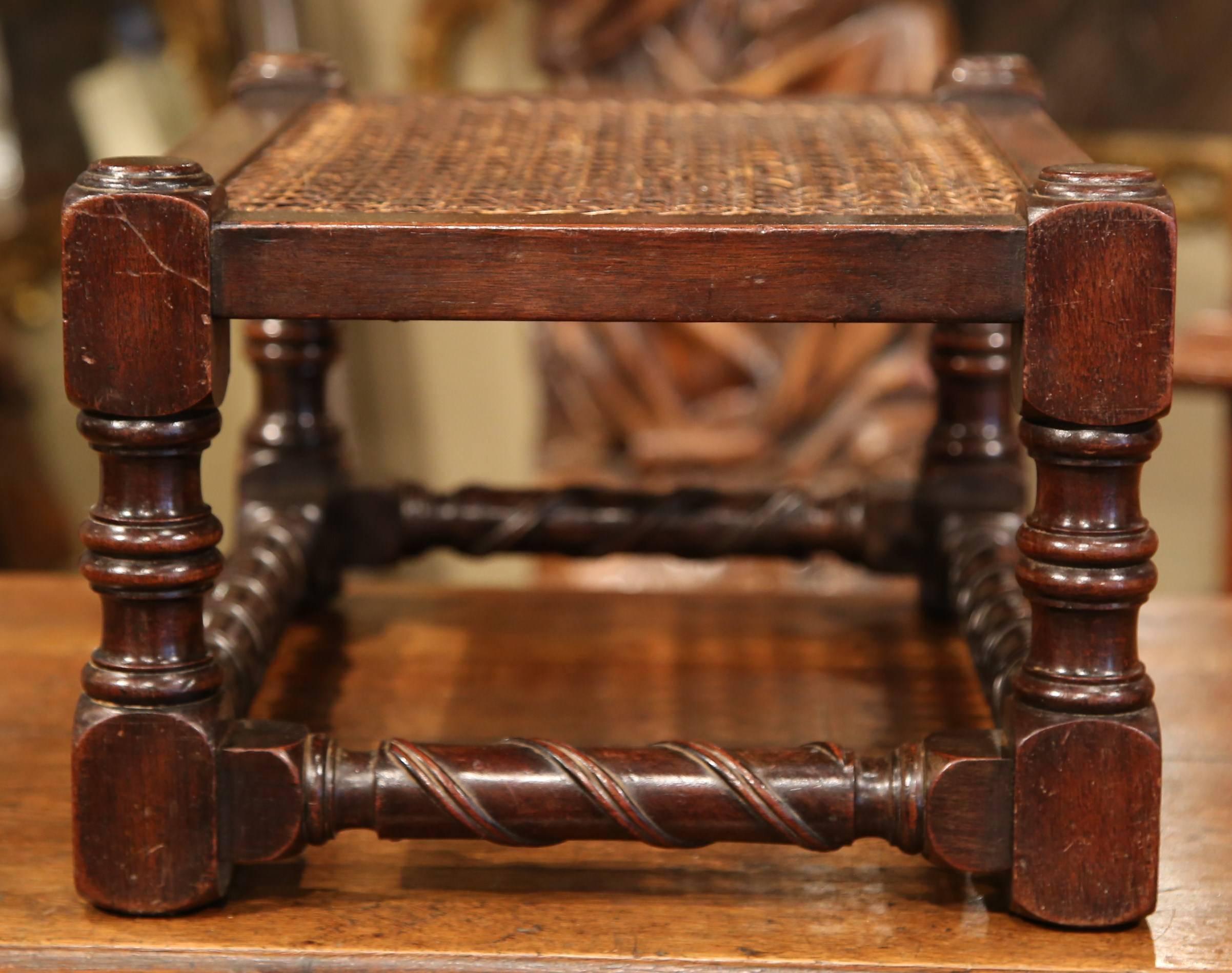 19th Century French Louis XIII Walnut Turned Legs Footstool with Cane Top 3