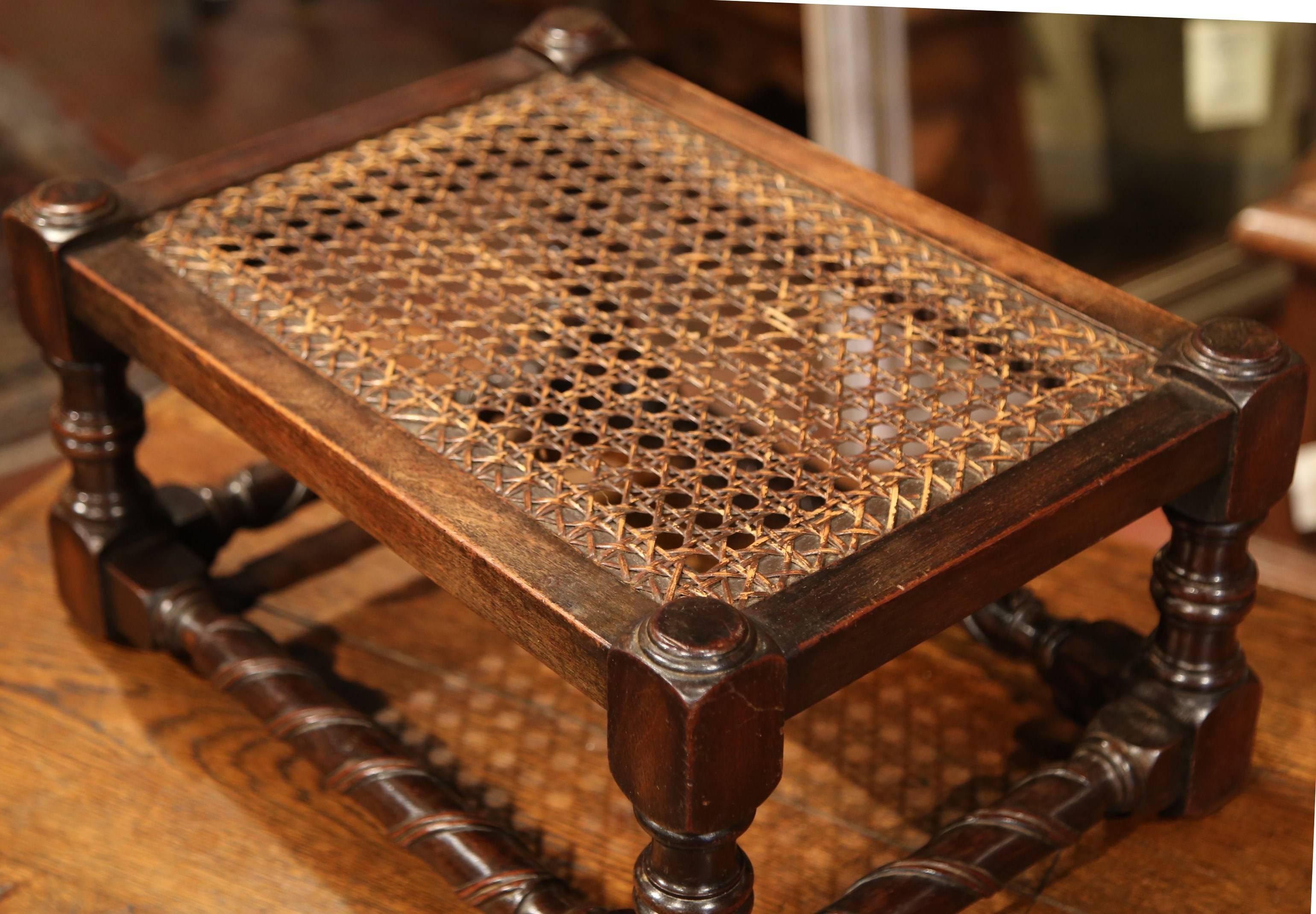 19th Century French Louis XIII Walnut Turned Legs Footstool with Cane Top 1