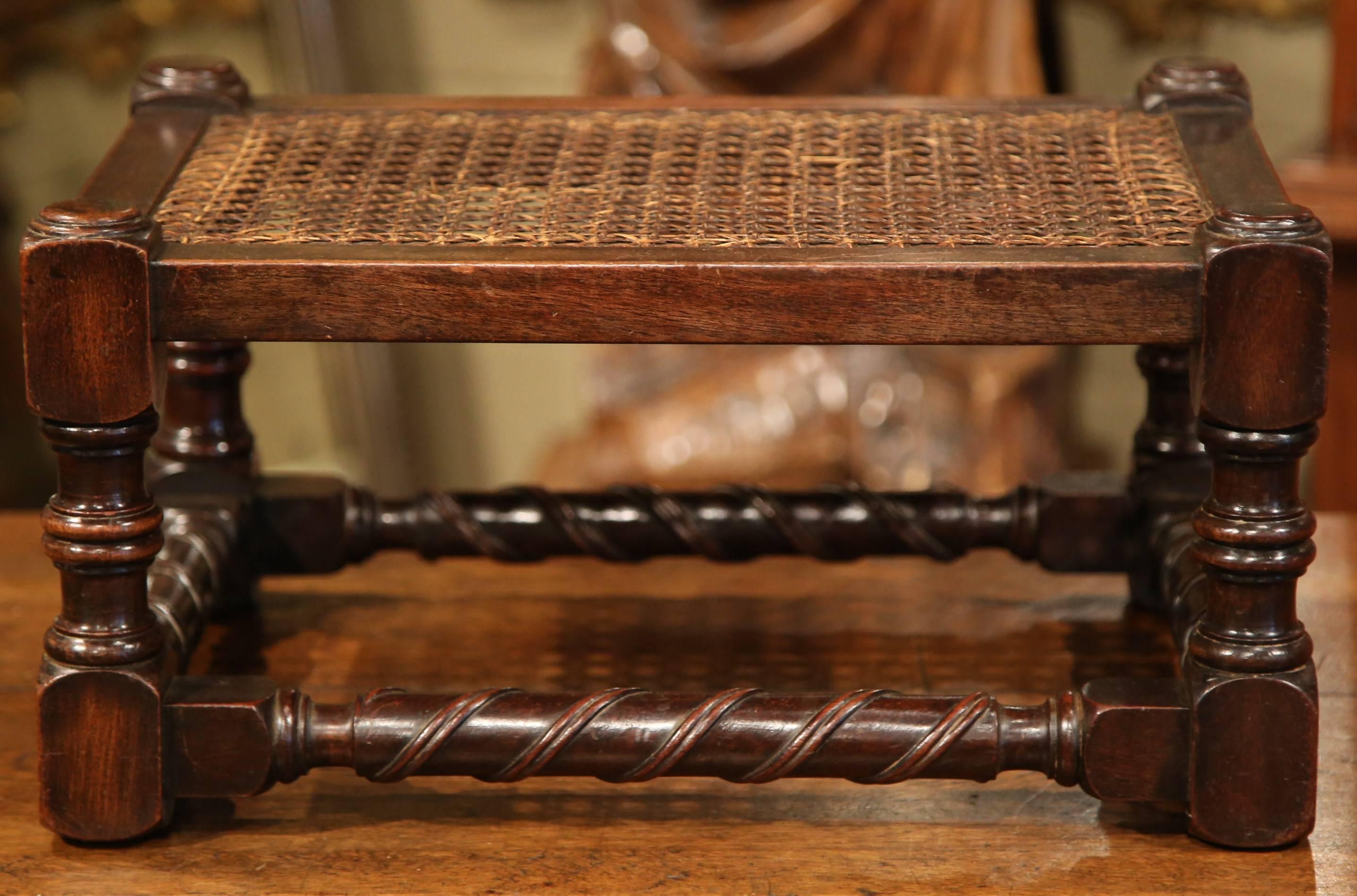 Caning 19th Century French Louis XIII Walnut Turned Legs Footstool with Cane Top