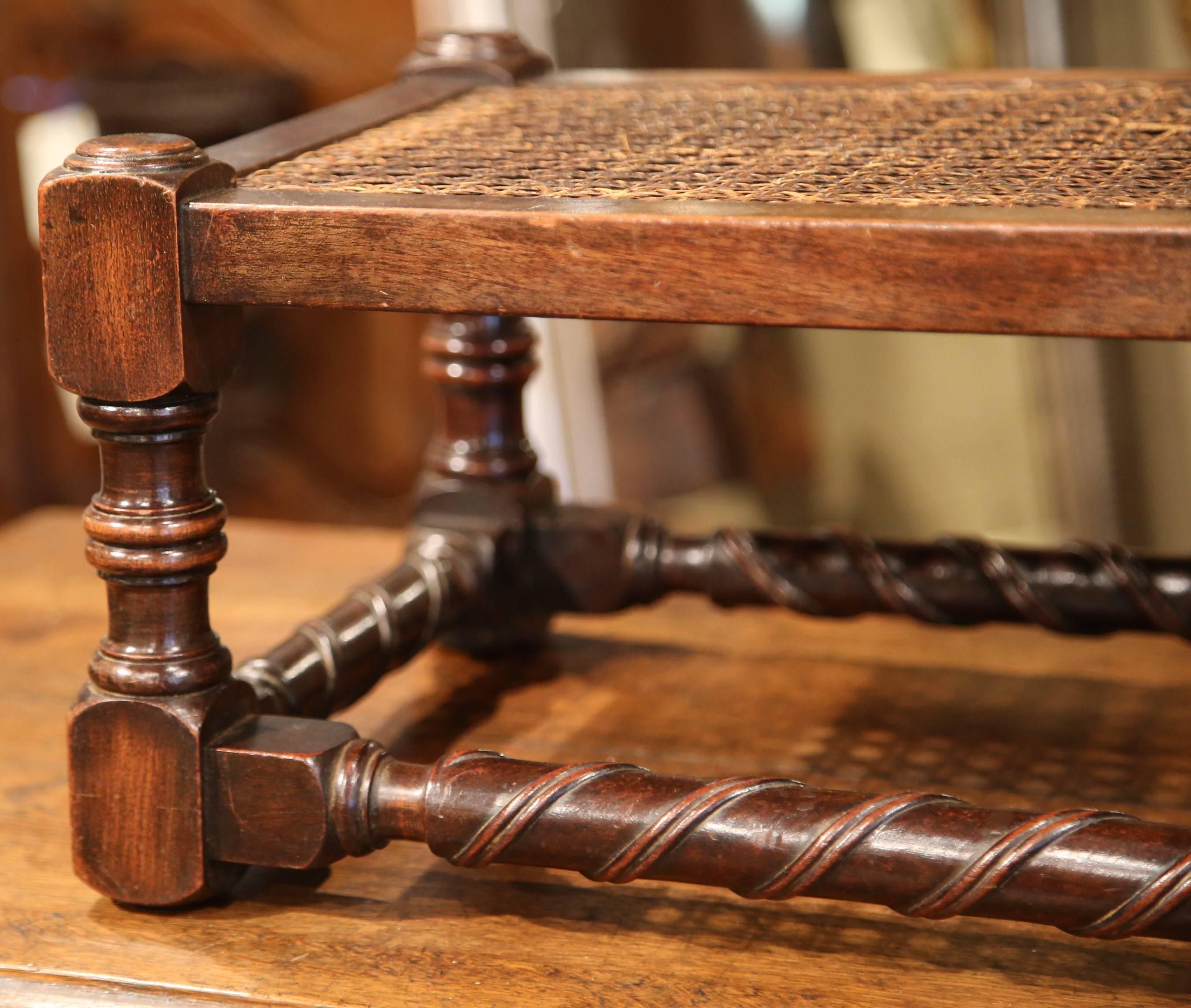 19th Century French Louis XIII Walnut Turned Legs Footstool with Cane Top 2