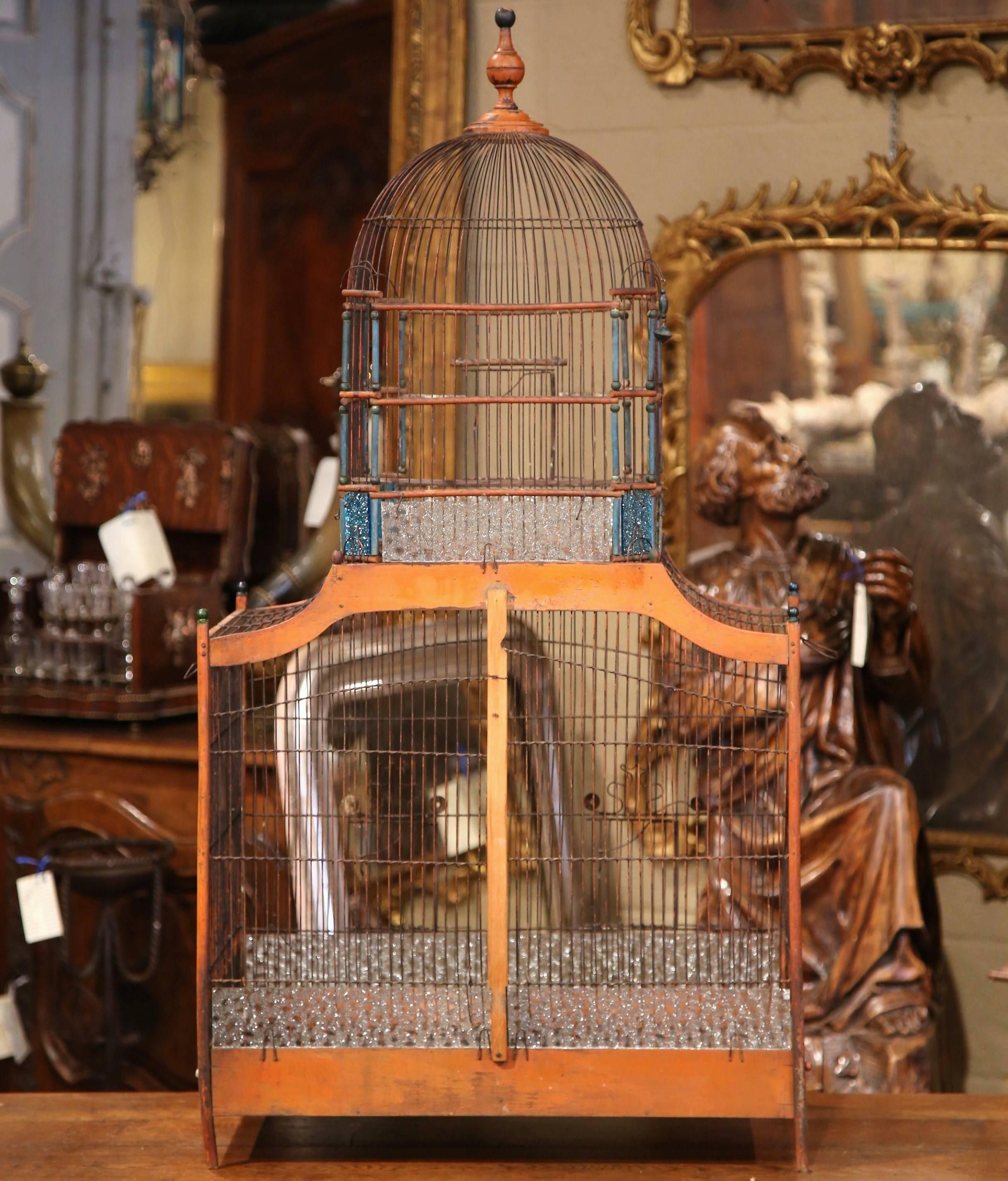 Large 19th Century French Hand-Painted Carved and Wired Birdcage with Dome Top 3